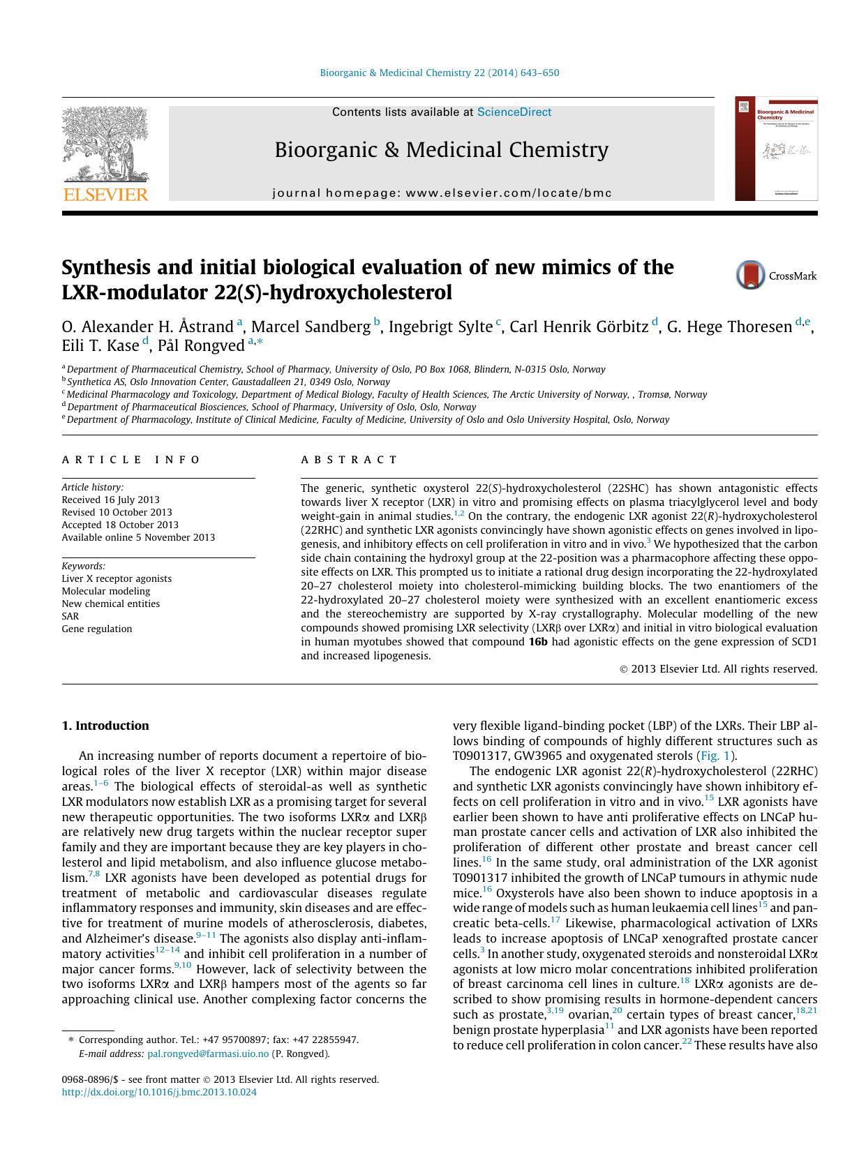 Synthesis and initial biological evaluation of new mimics of the LXR-modulator 22(S)-hydroxycholesterol by unknow