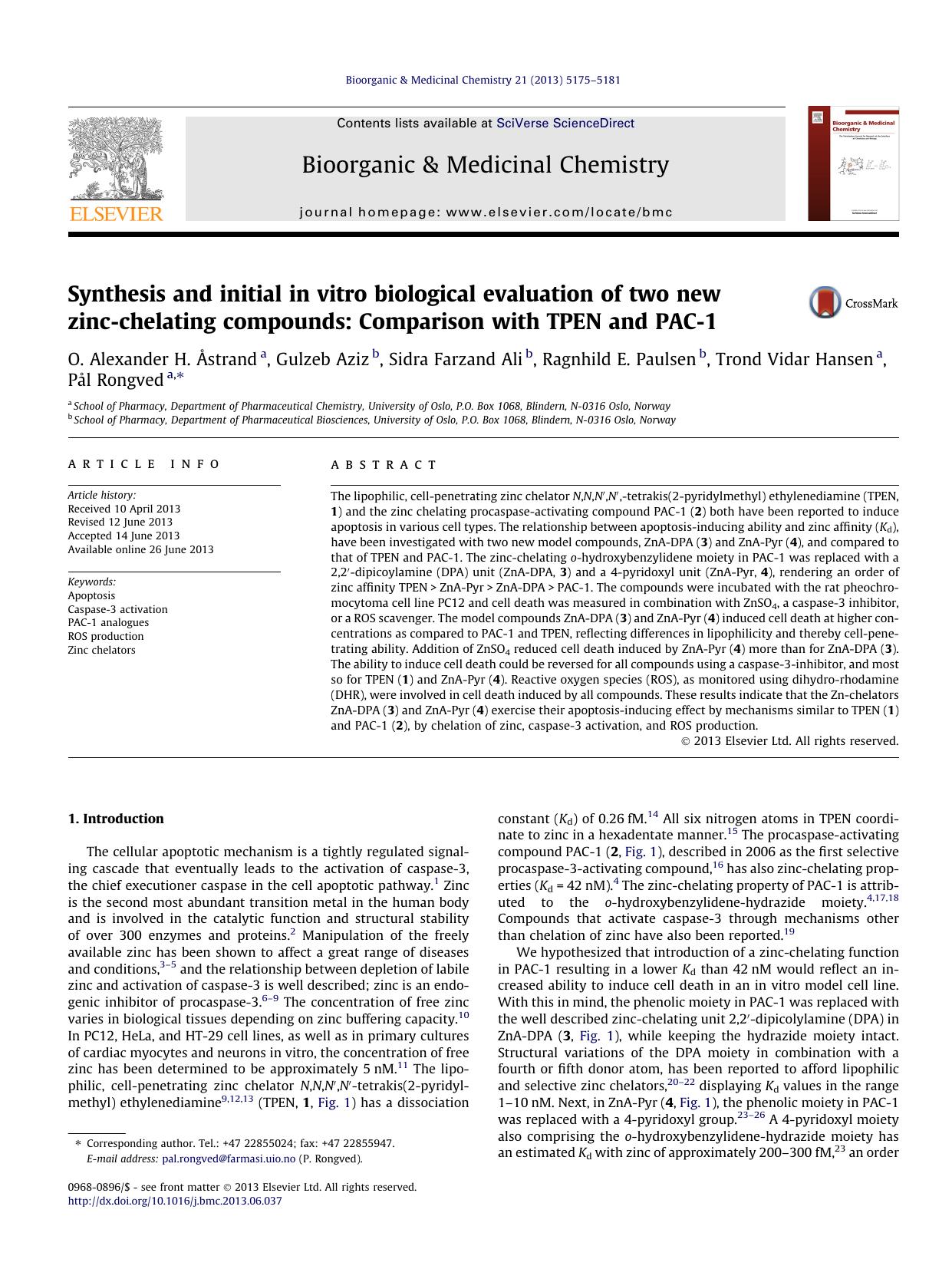 Synthesis and initial in vitro biological evaluation of two new zinc-chelating compounds: Comparison with TPEN and PAC-1 by unknow