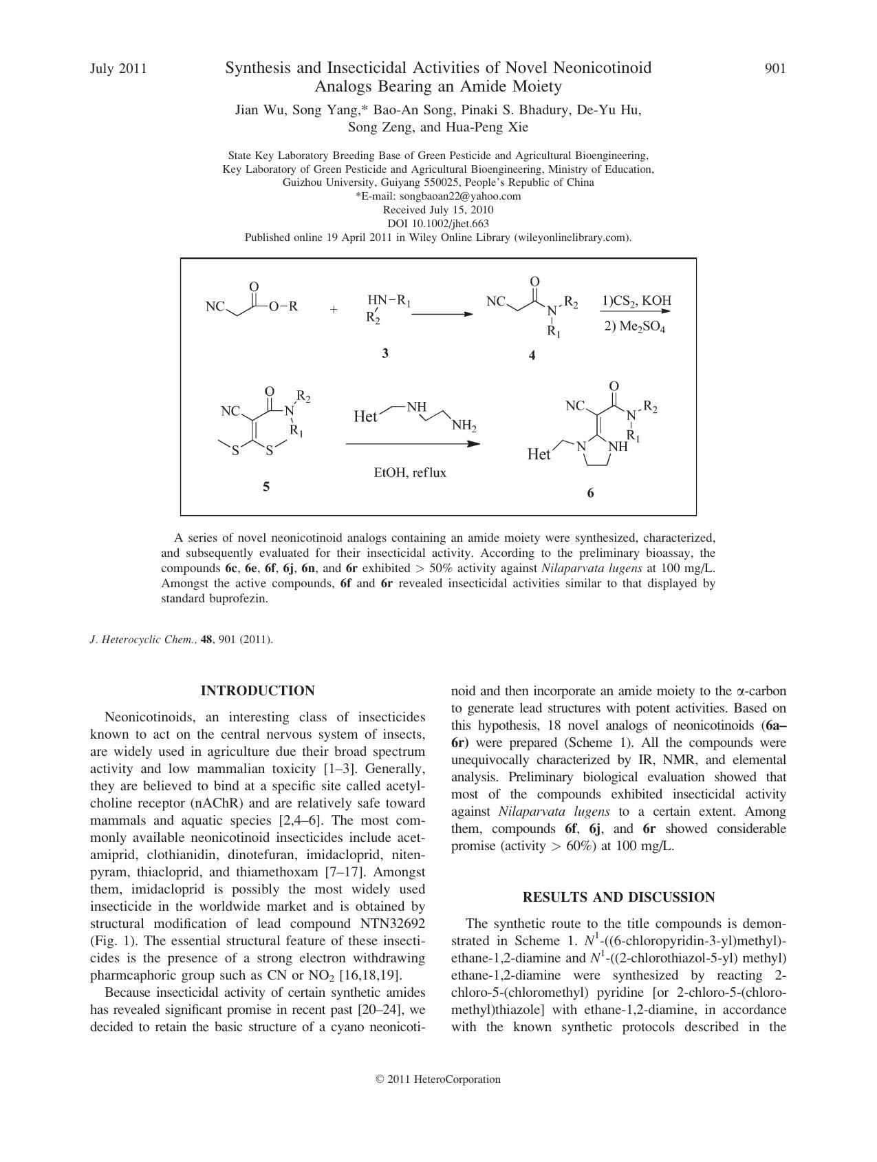 Synthesis and insecticidal activities of novel neonicotinoid analogs bearing an amide moiety by Unknown