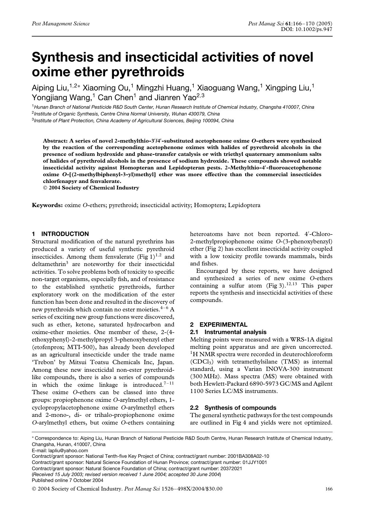 Synthesis and insecticidal activities of novel oxime ether pyrethroids by Unknown