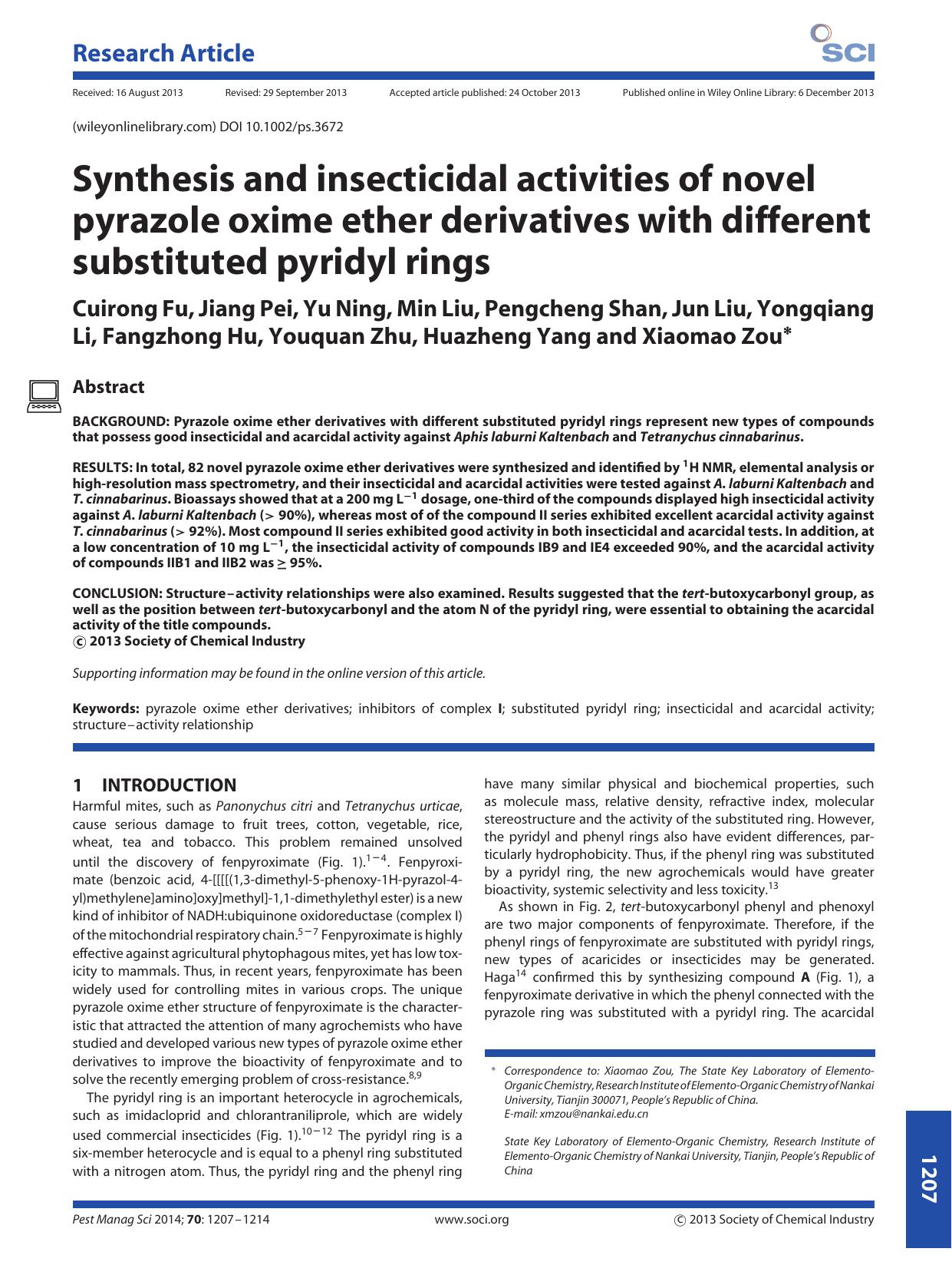 Synthesis and insecticidal activities of novel pyrazole oxime ether derivatives with different substituted pyridyl rings by Unknown