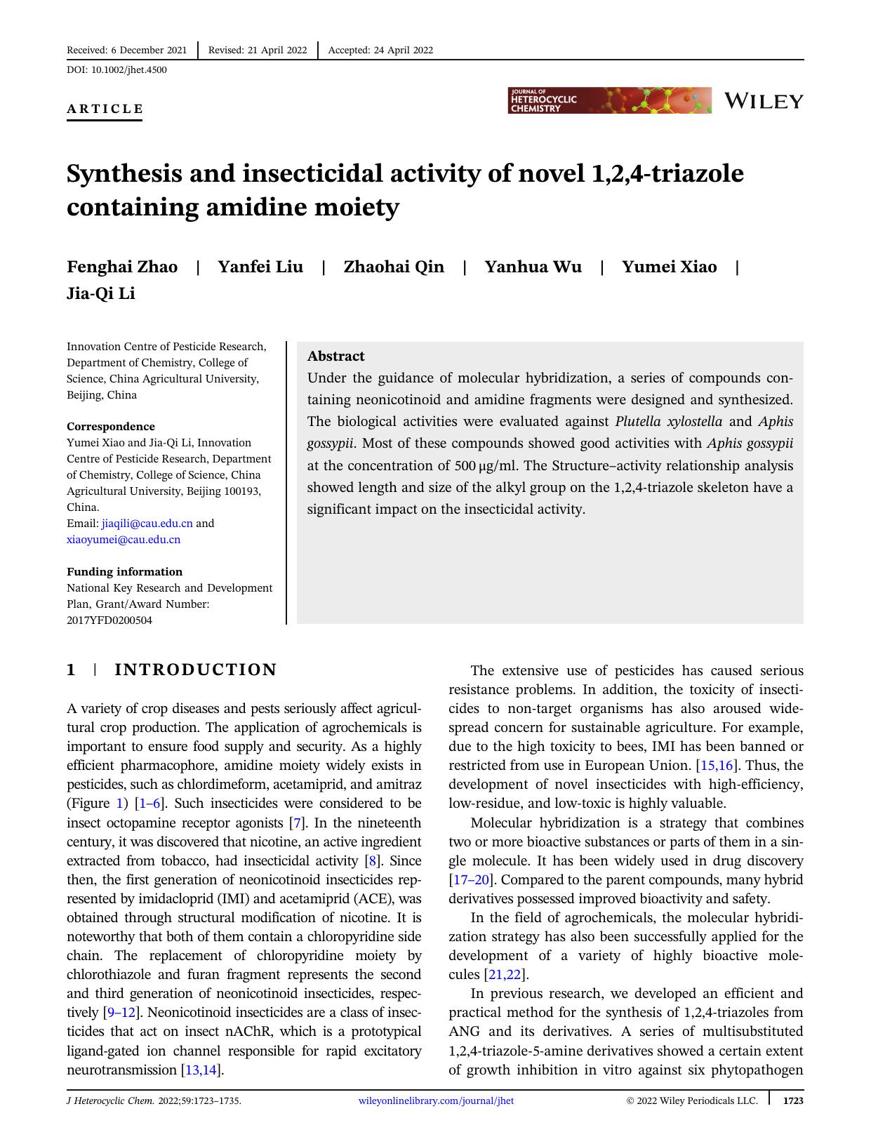 Synthesis and insecticidal activity of novel 1,2,4-triazole containing amidine moiety by Unknown