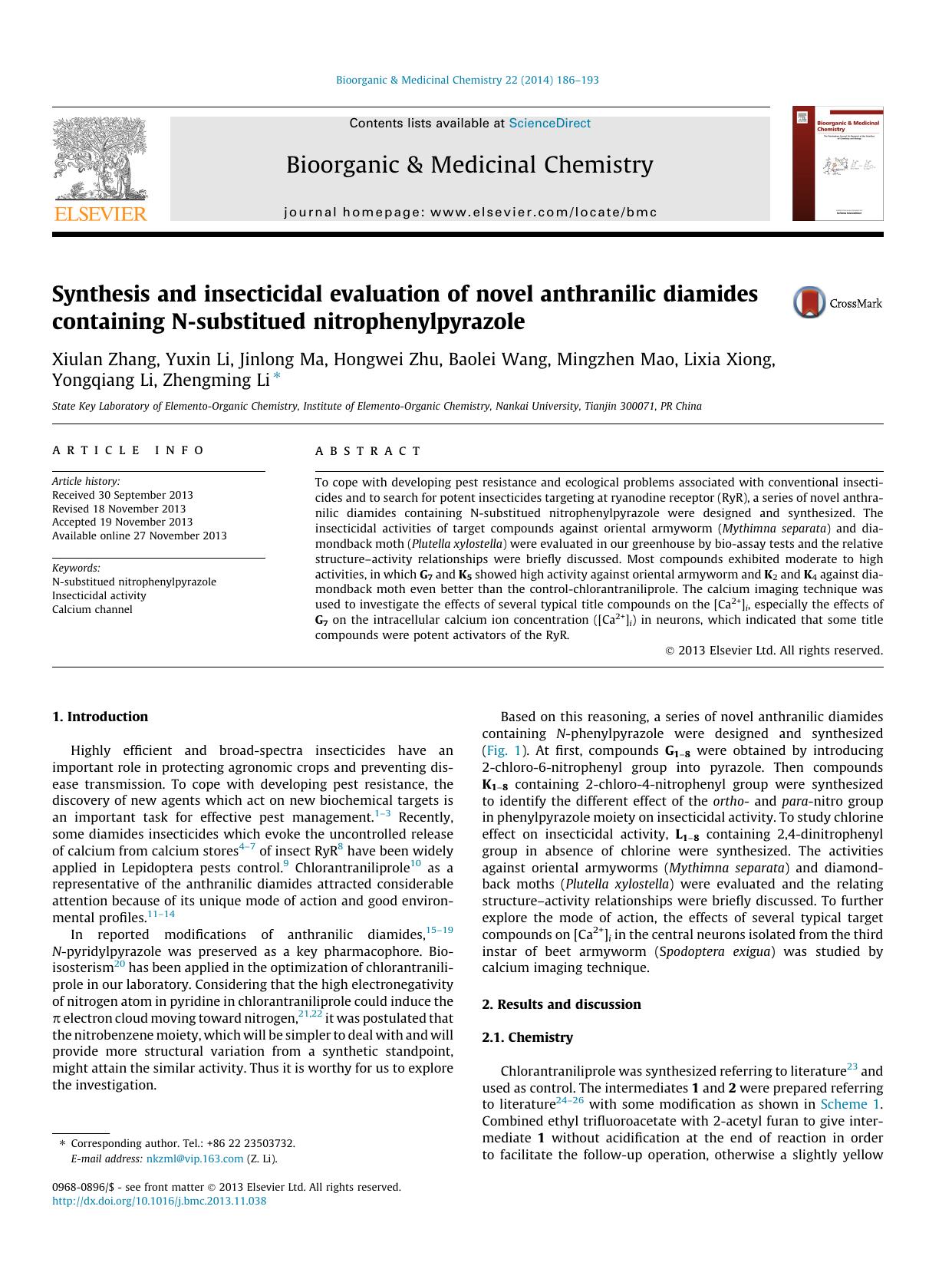 Synthesis and insecticidal evaluation of novel anthranilic diamides containing N-substitued nitrophenylpyrazole by unknow