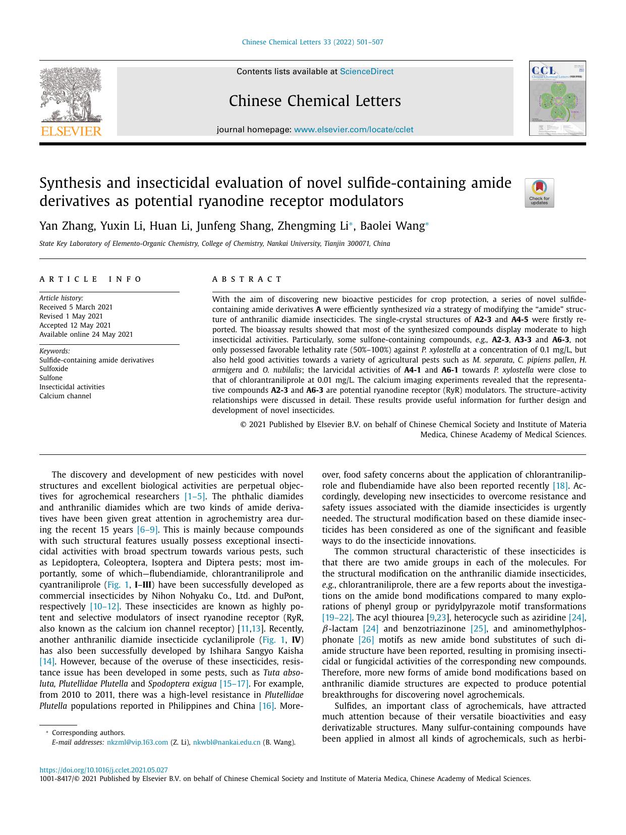 Synthesis and insecticidal evaluation of novel sulfide-containing amide derivatives as potential ryanodine receptor modulators by Yan Zhang & Yuxin Li & Huan Li & Junfeng Shang & Zhengming Li & Baolei Wang