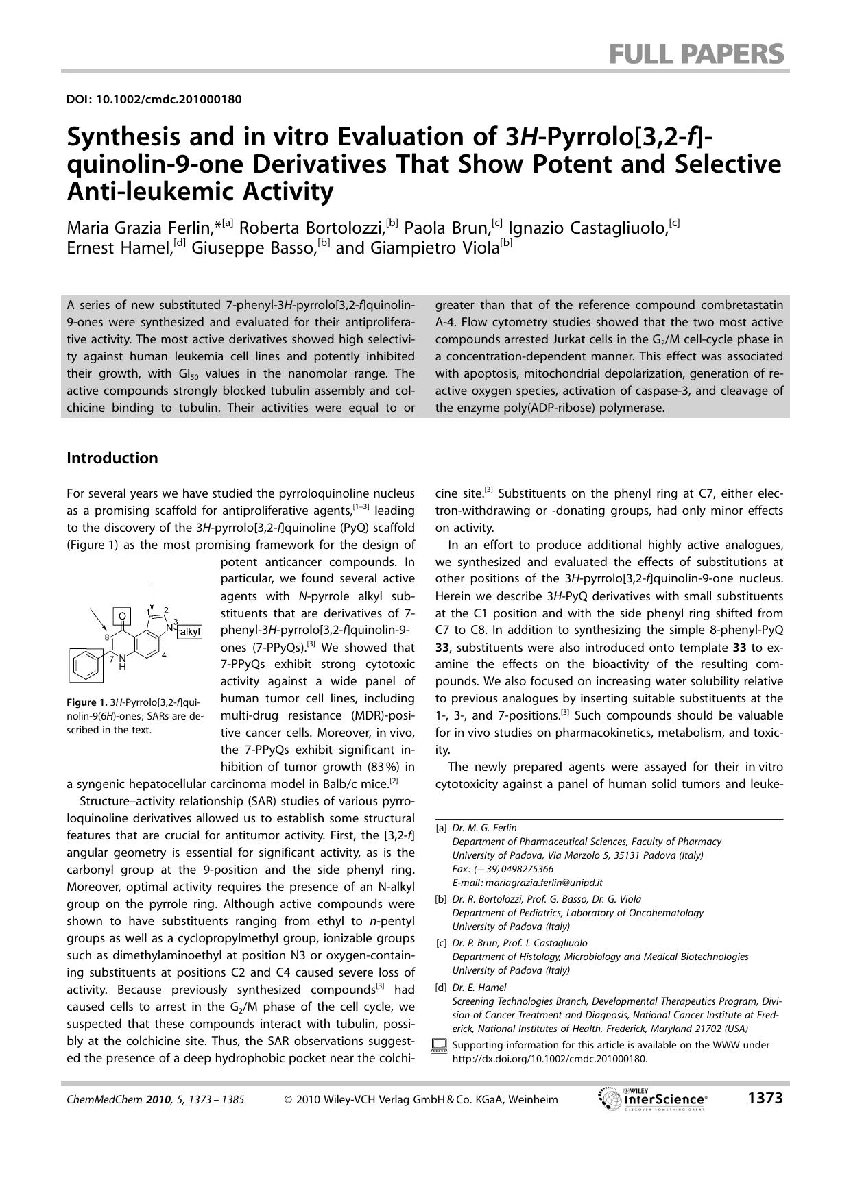 Synthesis and invitro Evaluation of 3HPyrrolo[3,2f]quinolin9one Derivatives That Show Potent and Selective Antileukemic Activity by Unknown