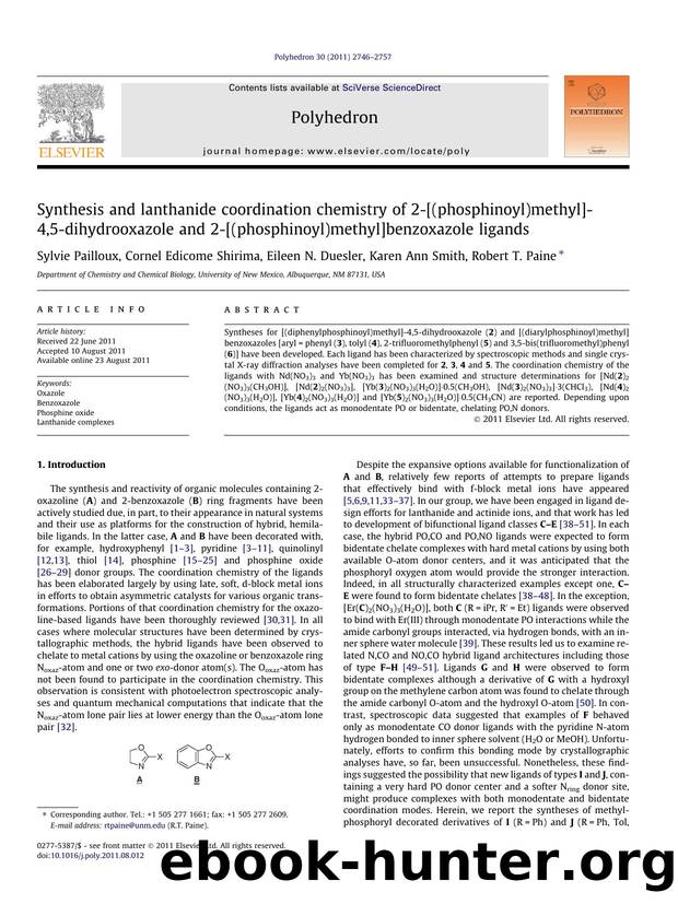 Synthesis and lanthanide coordination chemistry of 2-[(phosphinoyl)methyl]-4,5-dihydrooxazole and 2-[(phosphinoyl)methyl]benzoxazole ligands by Sylvie Pailloux & Cornel Edicome Shirima & Eileen N. Duesler & Karen Ann Smith & Robert T. Paine