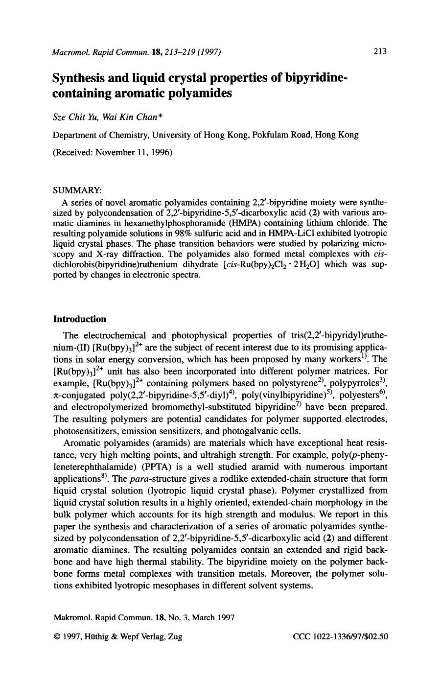Synthesis and liquid crystal properties of bipyridine-containing aromatic polyamides by Unknown