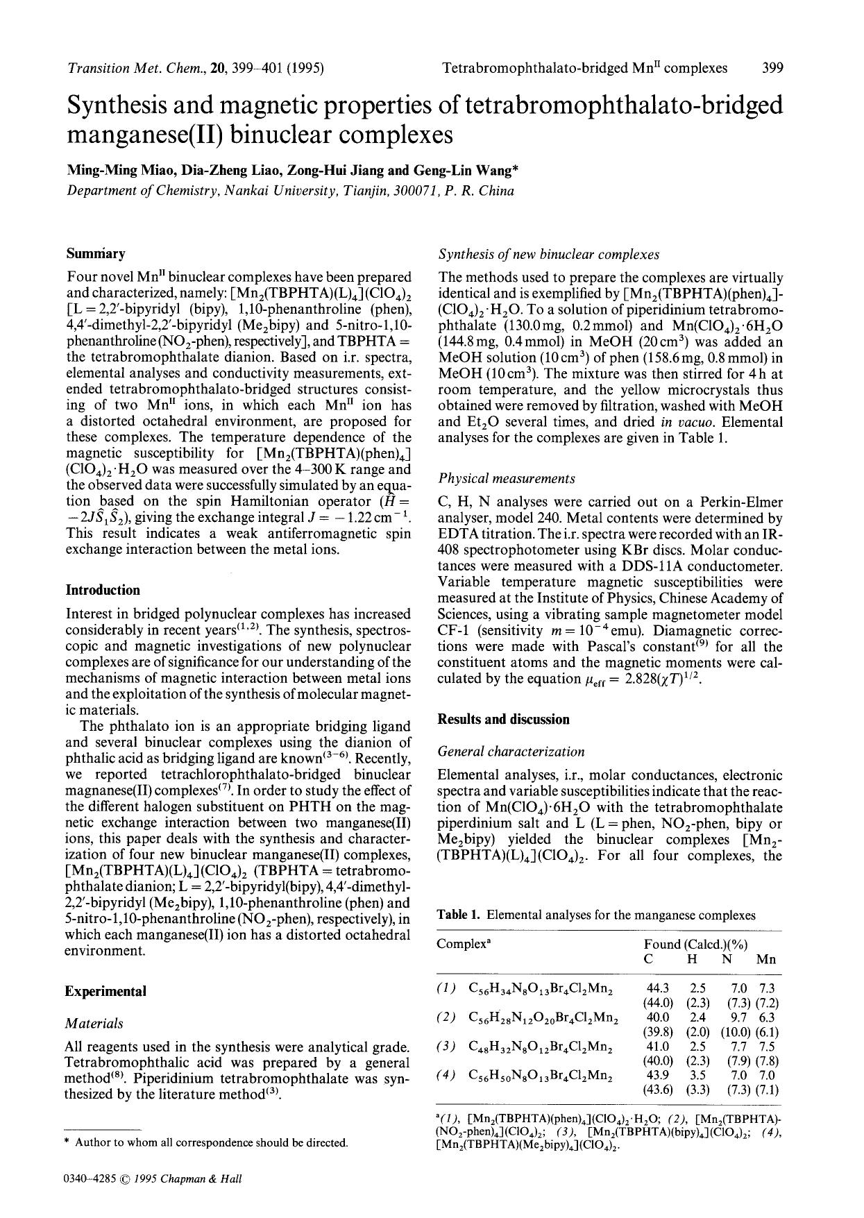 Synthesis and magnetic properties of tetrabromophthalato-bridged manganese(II) binuclear complexes by Unknown