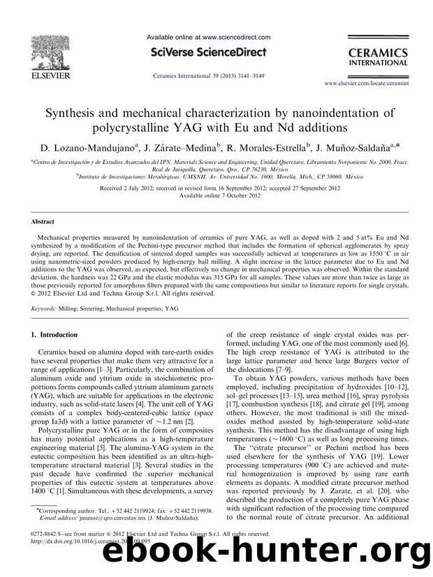 Synthesis and mechanical characterization by nanoindentation of polycrystalline YAG with Eu and Nd additions by D. Lozano-Mandujano & J. Zárate–Medina & R. Morales-Estrella & J. Muñoz-Saldaña