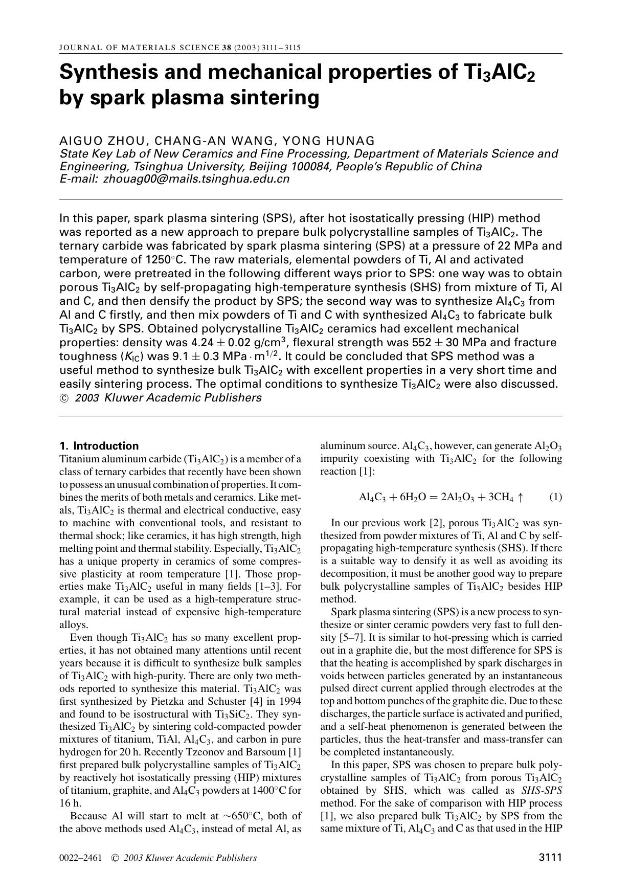 Synthesis and mechanical properties of Ti<Subscript>3<Subscript>AlC<Subscript>2<Subscript> by spark plasma sintering by Unknown