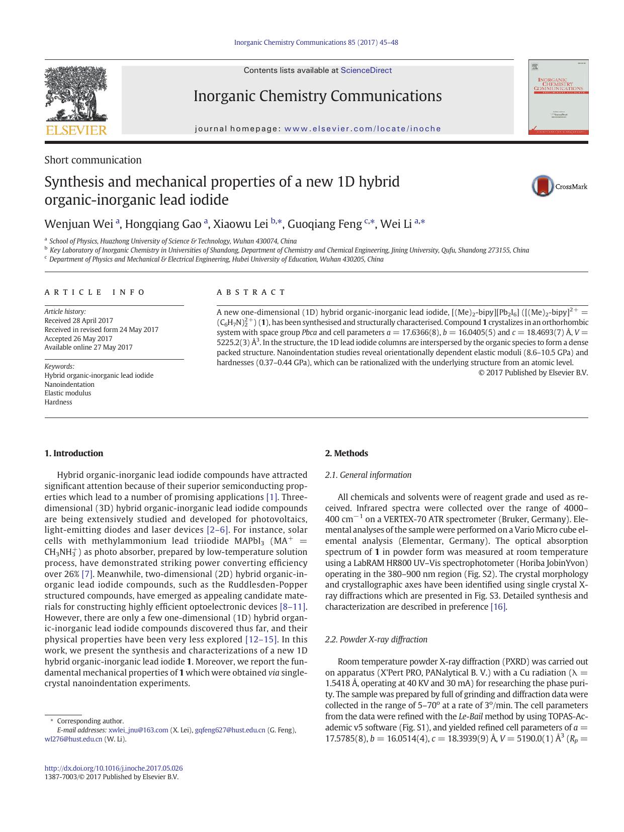 Synthesis and mechanical properties of a new 1D hybrid organic-inorganic lead iodide by Unknown