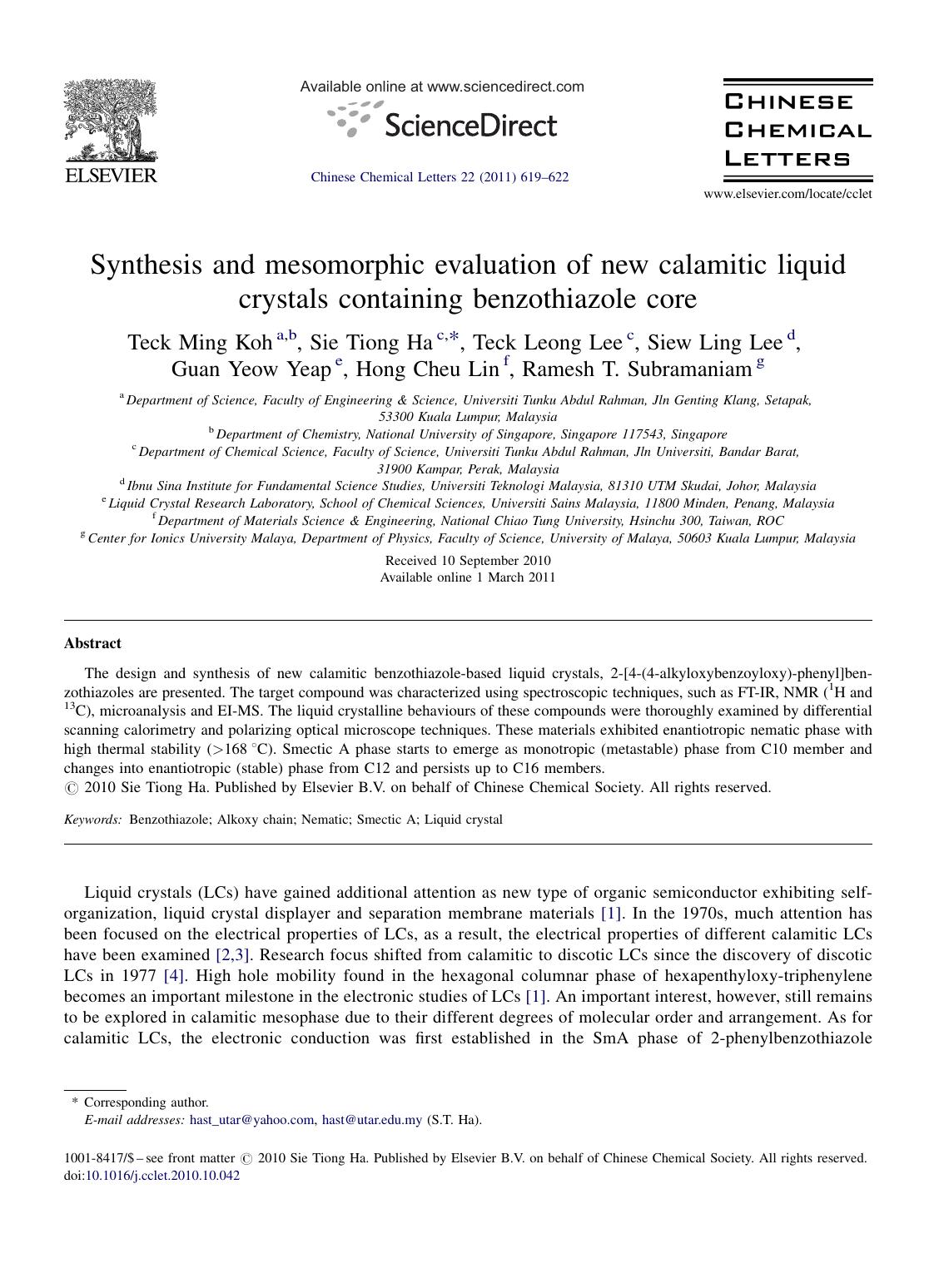 Synthesis and mesomorphic evaluation of new calamitic liquid crystals containing benzothiazole core by Teck Ming Koh
