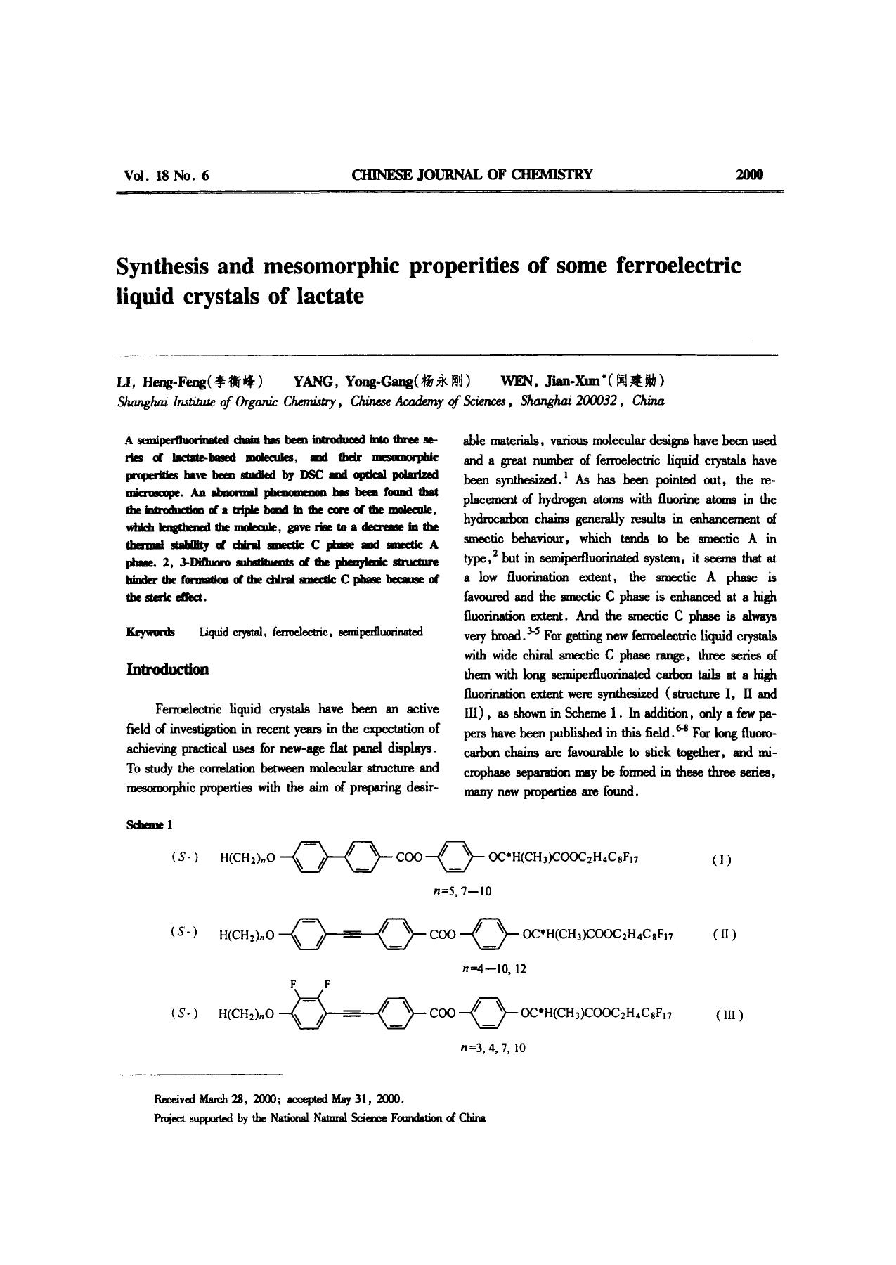 Synthesis and mesomorphic properties of some ferroelectric liquid crystals of lactate by Unknown