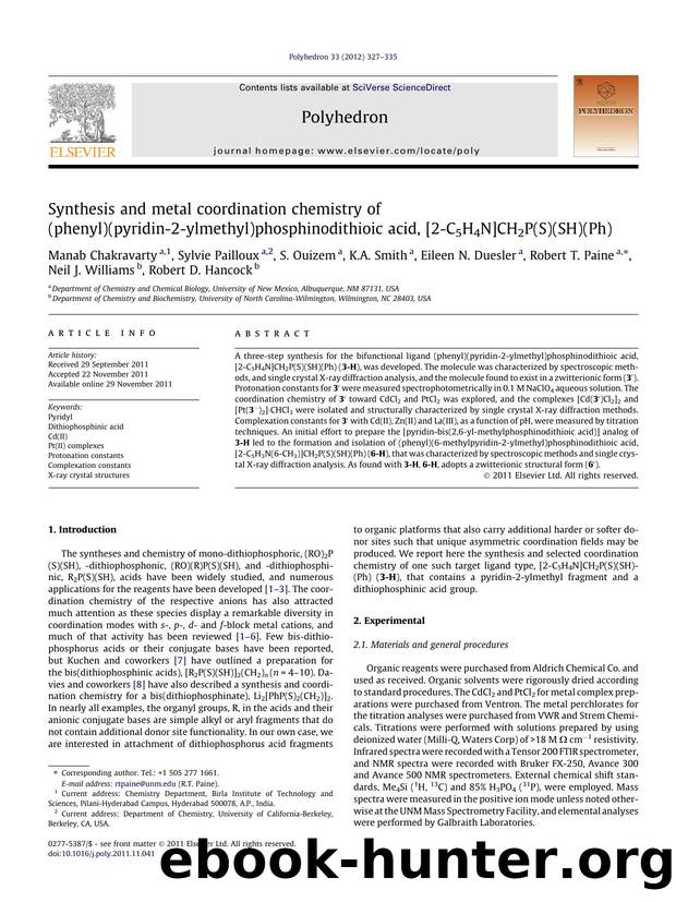 Synthesis and metal coordination chemistry of (phenyl)(pyridin-2-ylmethyl)phosphinodithioic acid, [2-C5H4N]CH2P(S)(SH)(Ph) by unknow