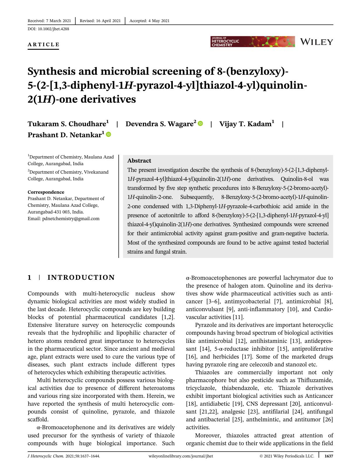 Synthesis and microbial screening of 8-(benzyloxy)-5-(2-(1,3-diphenyl-1H-pyrazol-4-yl)thiazol-4-yl)quinolin-2(1H)-one derivatives by Unknown