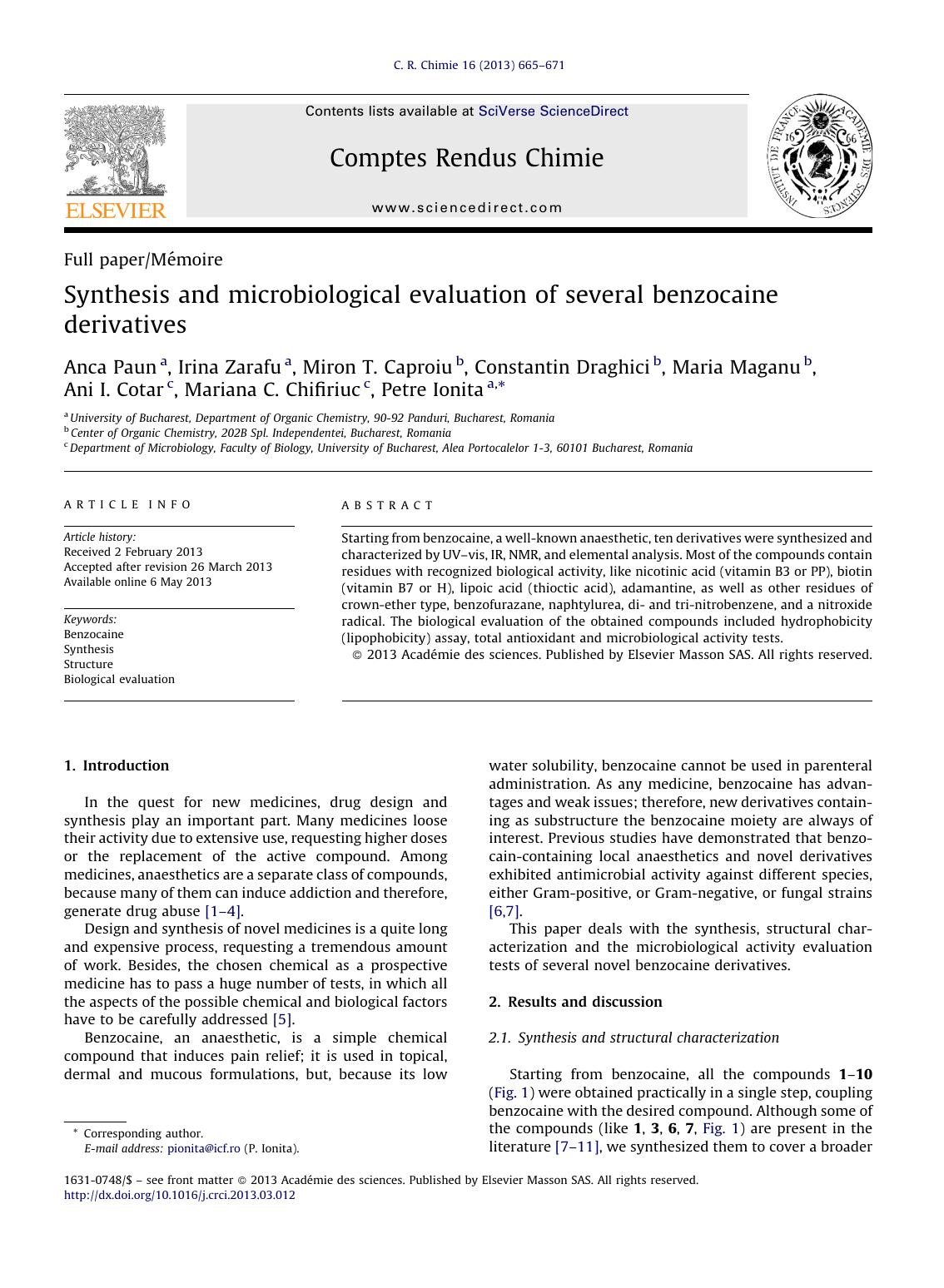 Synthesis and microbiological evaluation of several benzocaine derivatives by Anca Paun