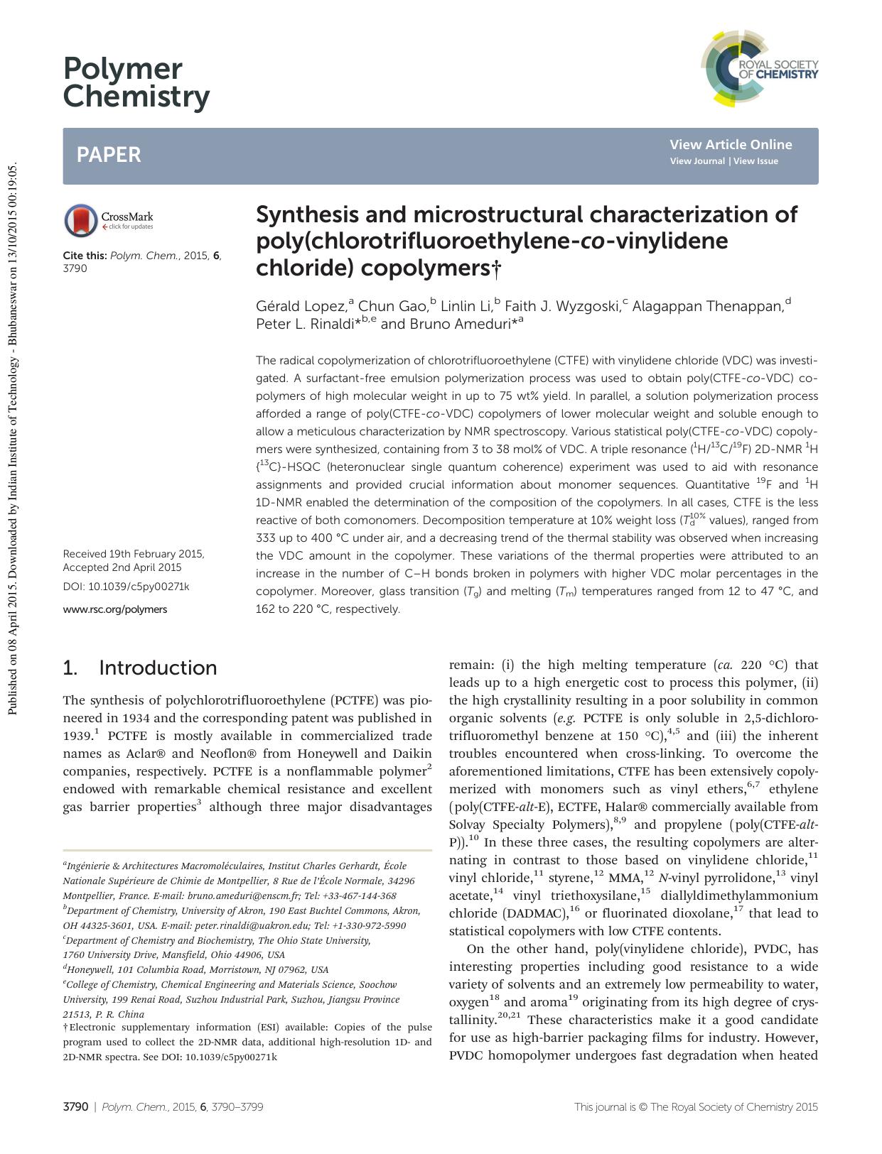 Synthesis and microstructural characterization of poly(chlorotrifluoroethylene-co-vinylidene chloride) copolymers by unknow
