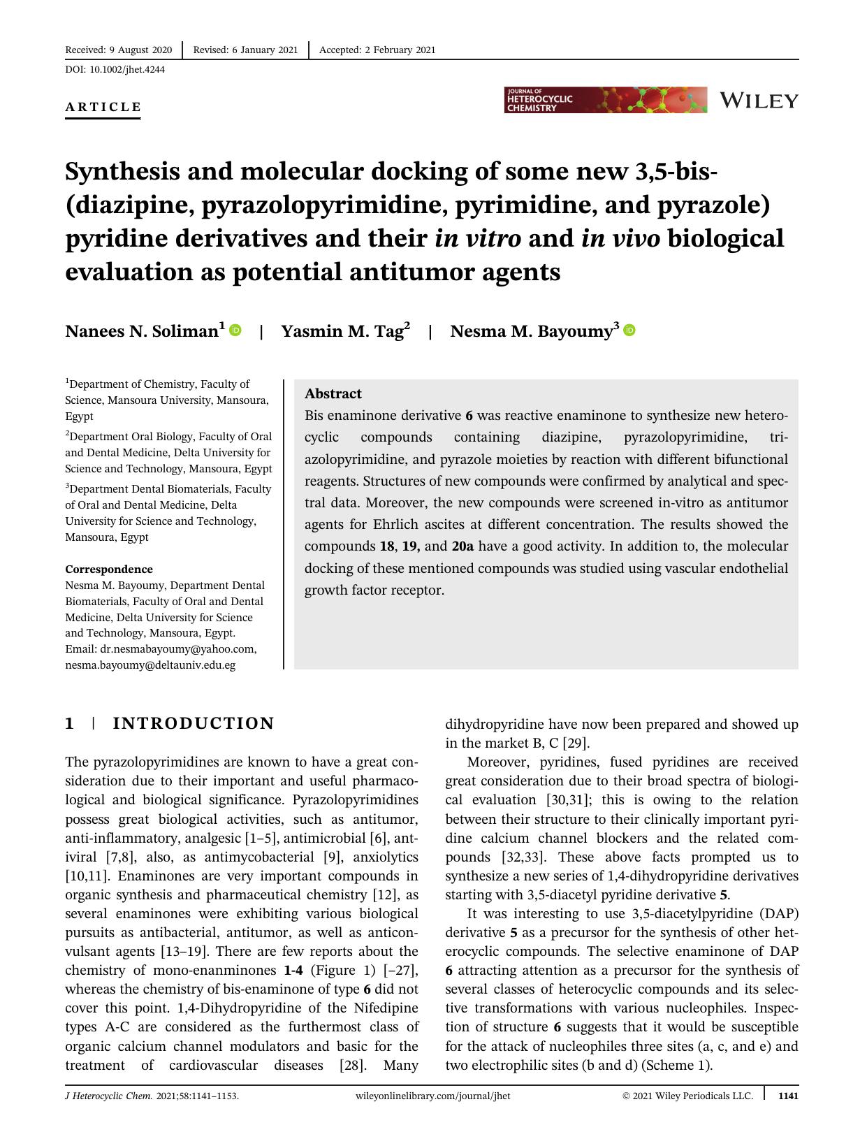 Synthesis and molecular docking of some new 3,5-bis-(diazipine, pyrazolopyrimidine, pyrimidine and pyrazole) pyridine derivatives and their invitro and invivo biological evaluation by Unknown