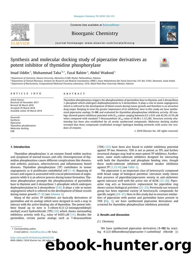 Synthesis and molecular docking study of piperazine derivatives as potent inhibitor of thymidine phosphorylase by Imad Uddin & Muhammad Taha & Fazal Rahim & Abdul Wadood