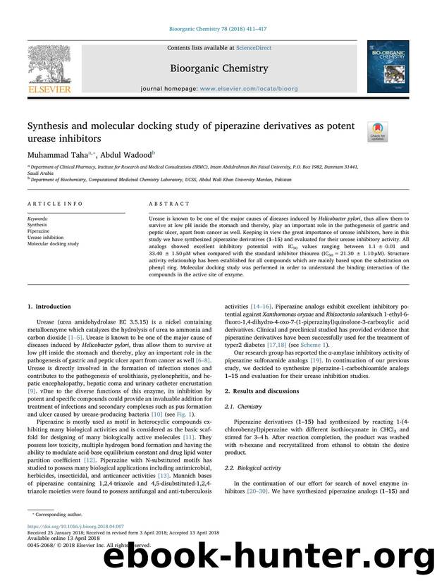 Synthesis and molecular docking study of piperazine derivatives as potent urease inhibitors by Muhammad Taha & Abdul Wadood