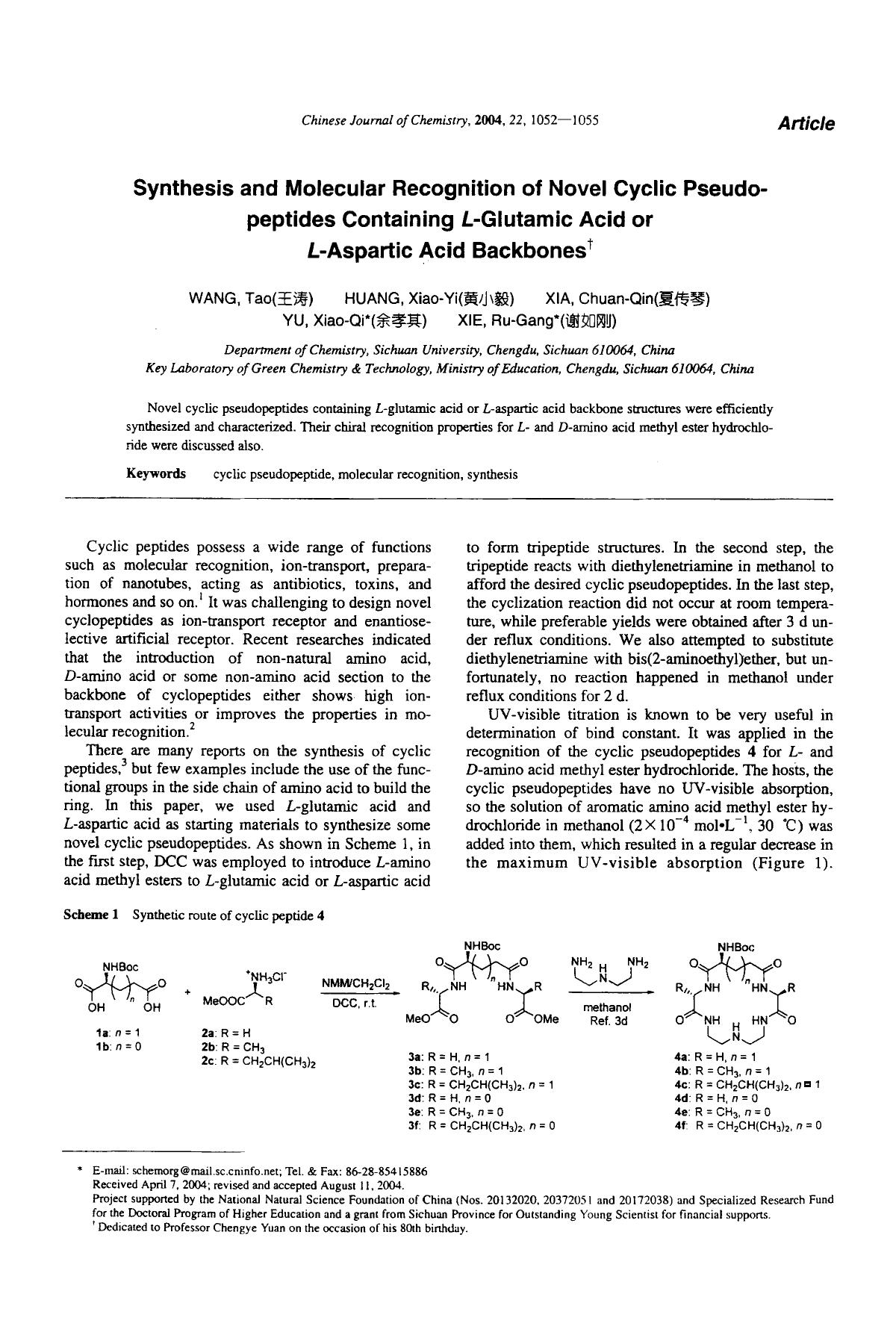 Synthesis and molecular recognition of novel cyclic pseudopeptides containing Lglutamic acid or Laspartic acid backbones by Unknown