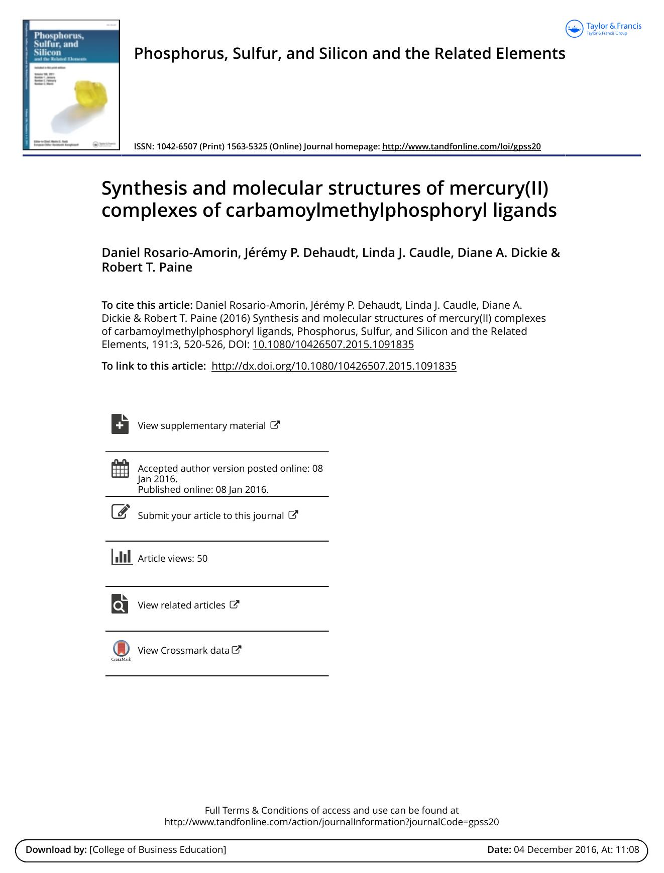 Synthesis and molecular structures of mercury(II) complexes of carbamoylmethylphosphoryl ligands by Daniel Rosario-Amorin & Jeremy P. Dehaudt & Linda J. Caudle & Diane A. Dickie & Robert T. Paine