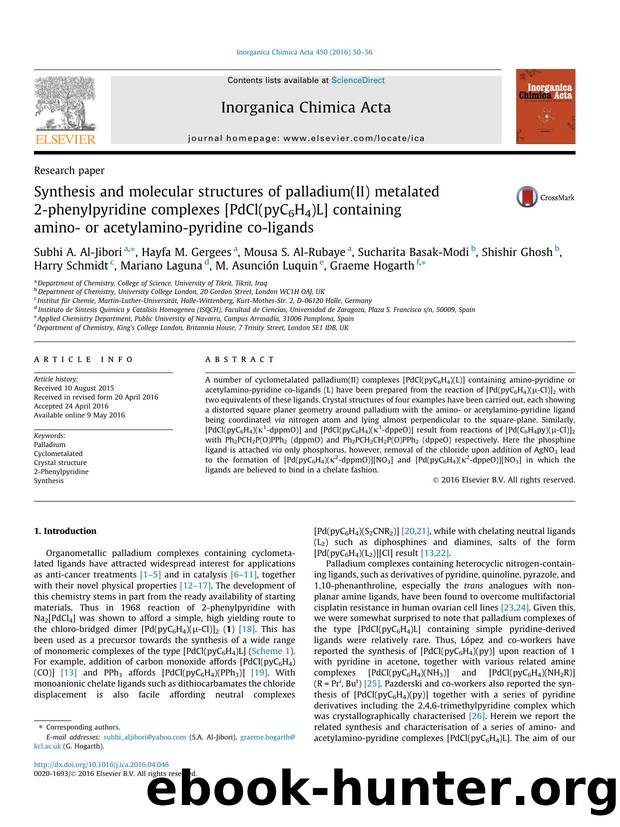 Synthesis and molecular structures of palladium(II) metalated 2-phenylpyridine complexes [PdCl(pyC6H4)L] containing amino- or acetylamino-pyridine co-ligands by unknow
