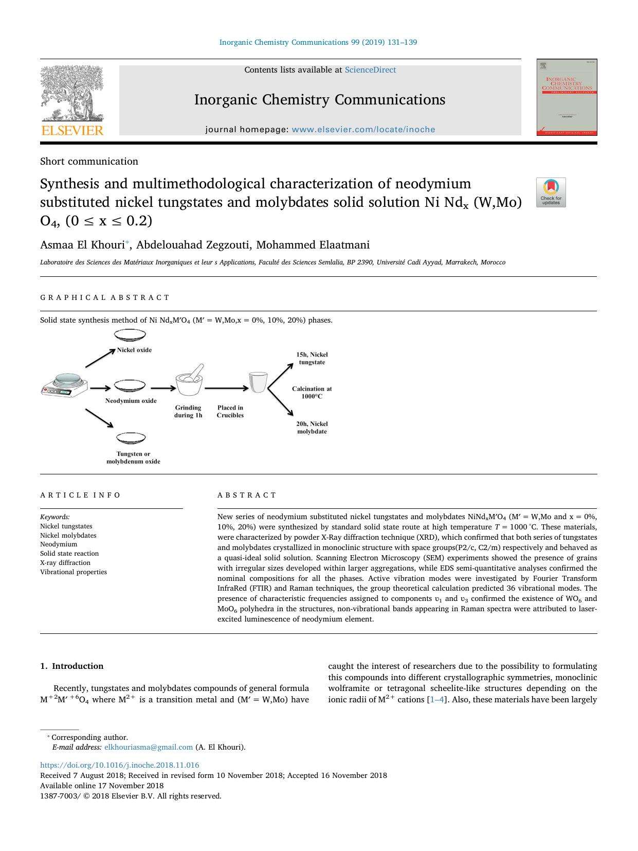 Synthesis and multimethodological characterization of neodymium substituted nickel tungstates and molybdates solid solution Ni Ndx (W,Mo)O4, (0â¯â¤â¯xâ¯â¤â¯0.2) by Asmaa El Khouri & Abdelouahad Zegzouti & Mohammed Elaatmani
