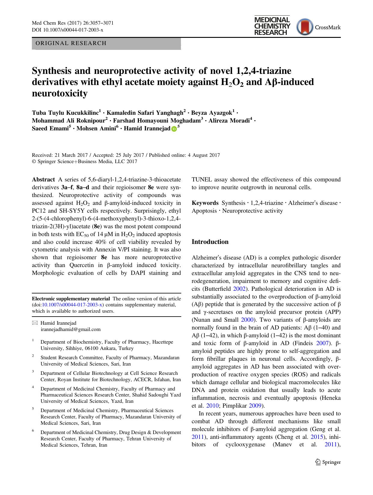 Synthesis and neuroprotective activity of novel 1,2,4-triazine derivatives with ethyl acetate moiety against H2O2 and AÃÂ²-induced neurotoxicity by unknow