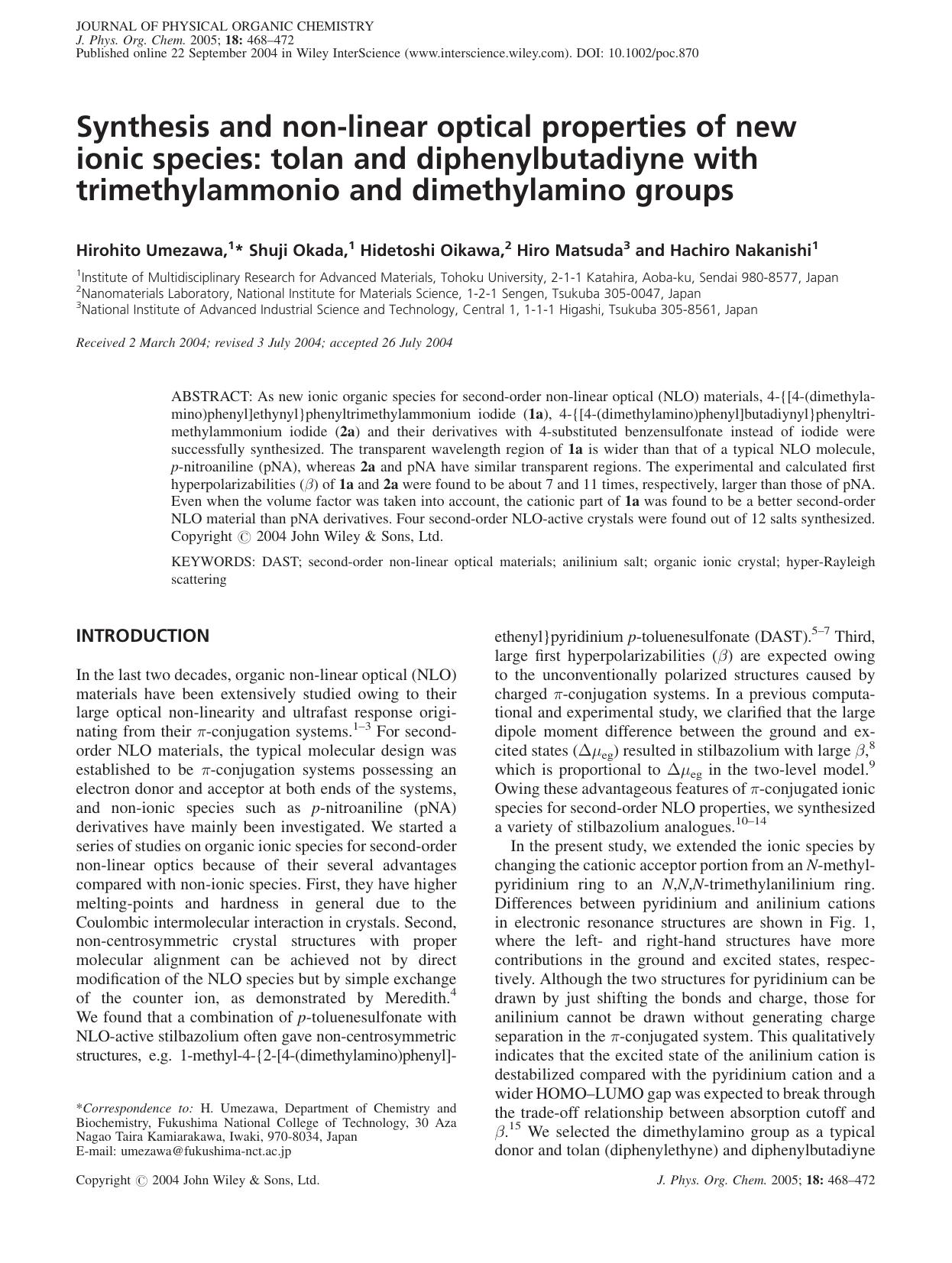 Synthesis and non-linear optical properties of new ionic species: tolan and diphenylbutadiyne with trimethylammonio and dimethylamino groups by Unknown