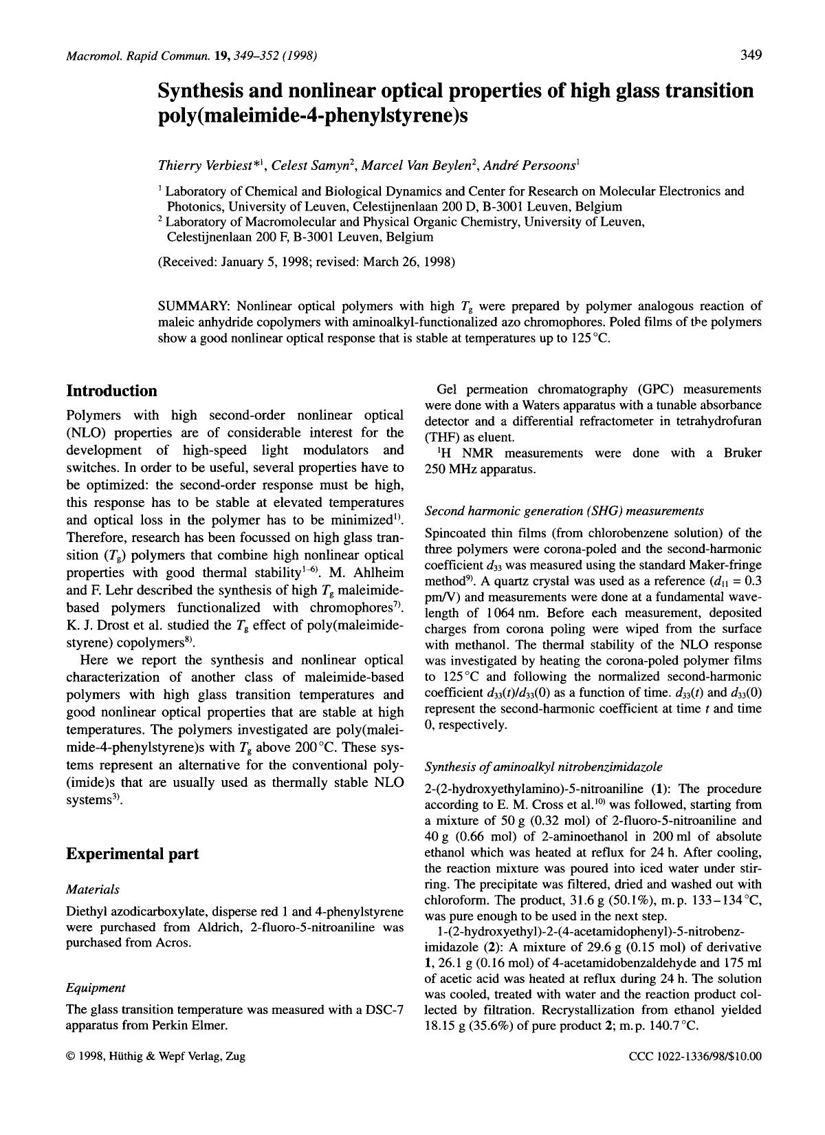 Synthesis and nonlinear optical properties of high glass transition poly(maleimide-4-phenylstyrene)s by Unknown