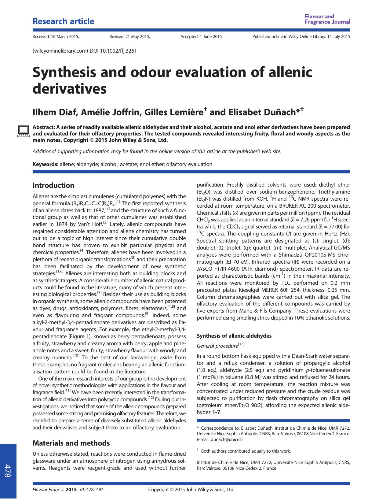 Synthesis and odour evaluation of allenic derivatives by Ilhem Diaf Amélie Joffrin Gilles Lemière Elisabet Duñach