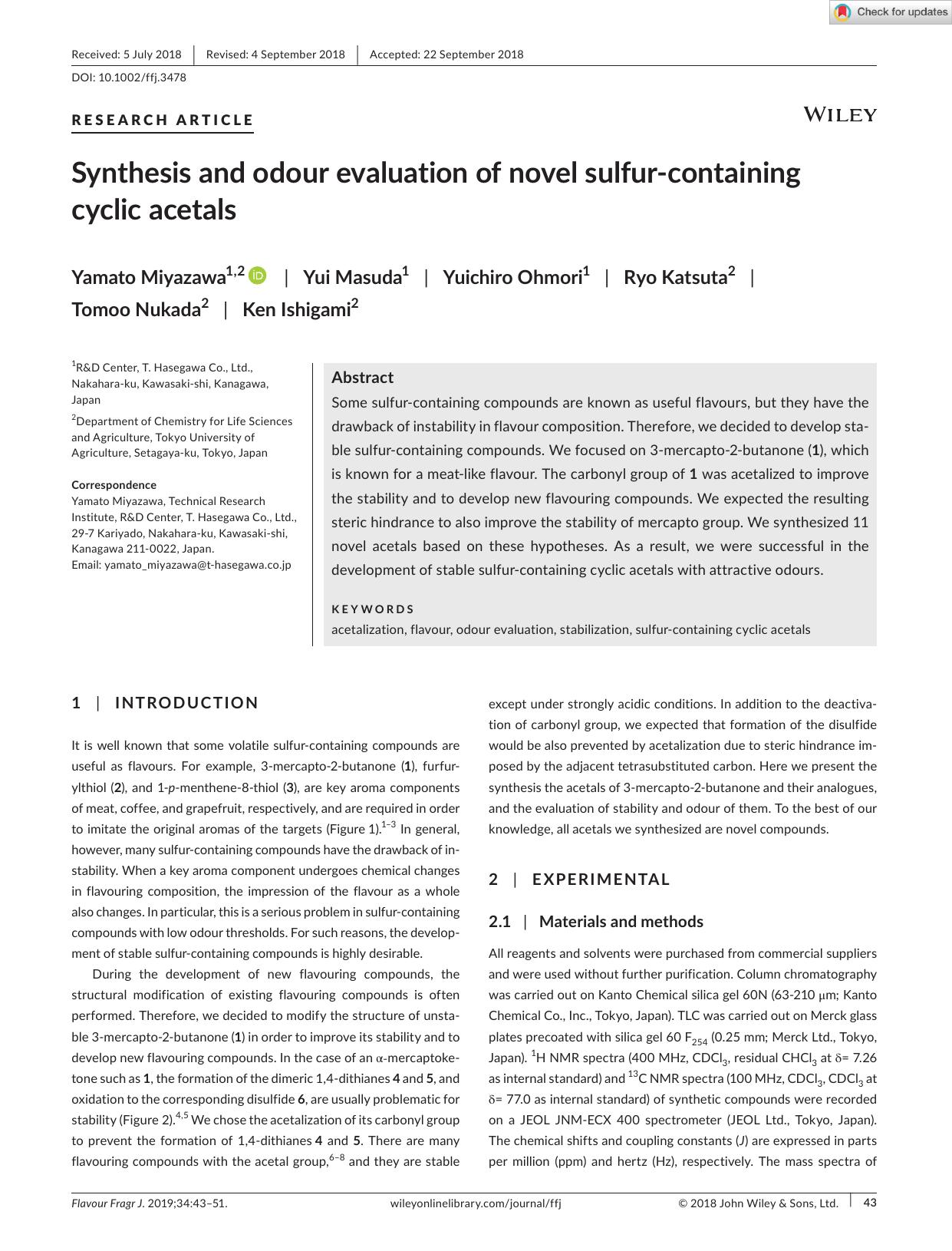 Synthesis and odour evaluation of novel sulfurâcontaining cyclic acetals by Unknown