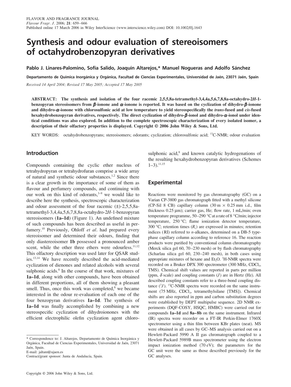 Synthesis and odour evaluation of stereoisomers of octahydrobenzopyran derivatives by Zhang yuhua