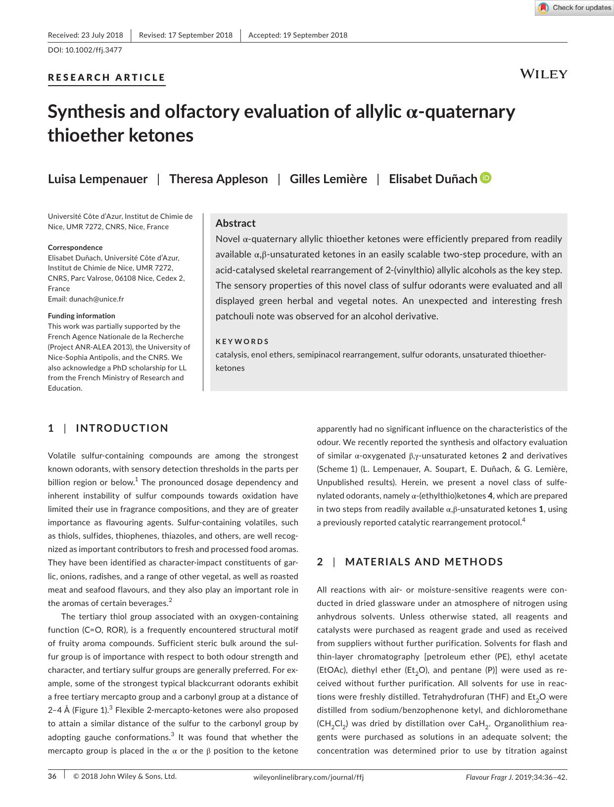 Synthesis and olfactory evaluation of allylic Î±âquaternary thioether ketones by Unknown