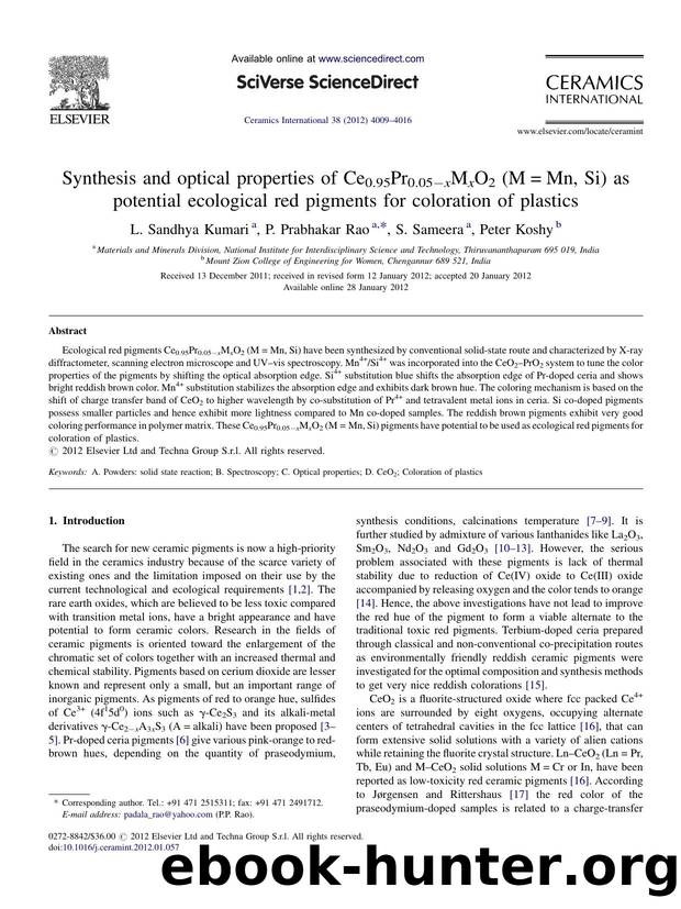 Synthesis and optical properties of Ce0.95Pr0.05âxMxO2 (M=Mn, Si) as potential ecological red pigments for coloration of plastics by L. Sandhya Kumari