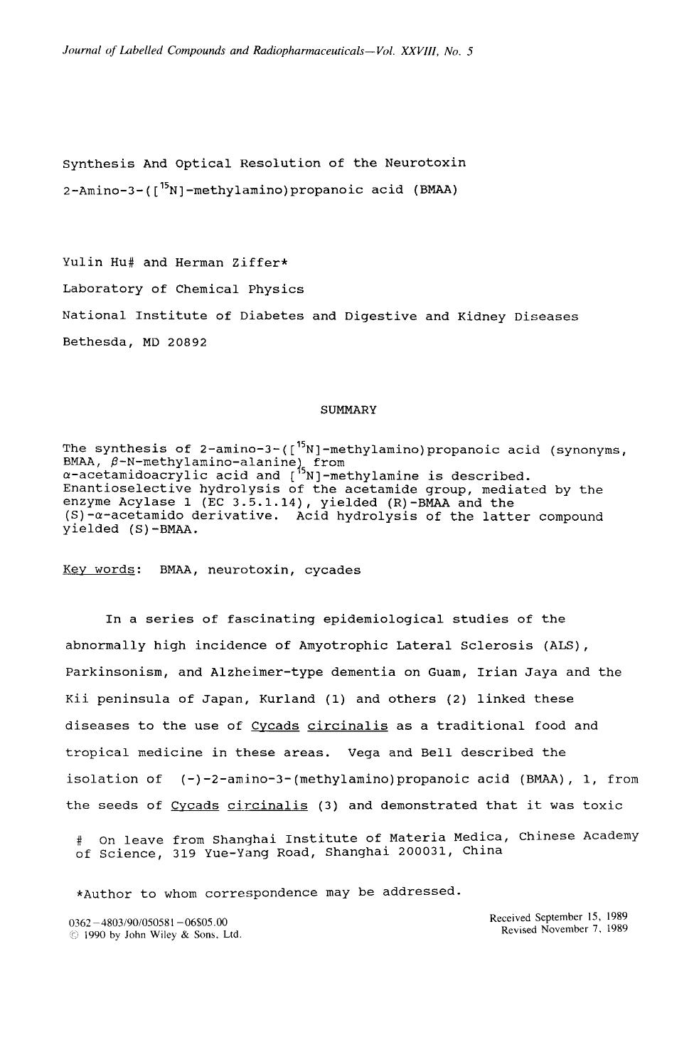 Synthesis and optical resolution of the neurotoxin 2-amino-3-([15N]-methylamino)propanoic acid (BMAA) by Unknown