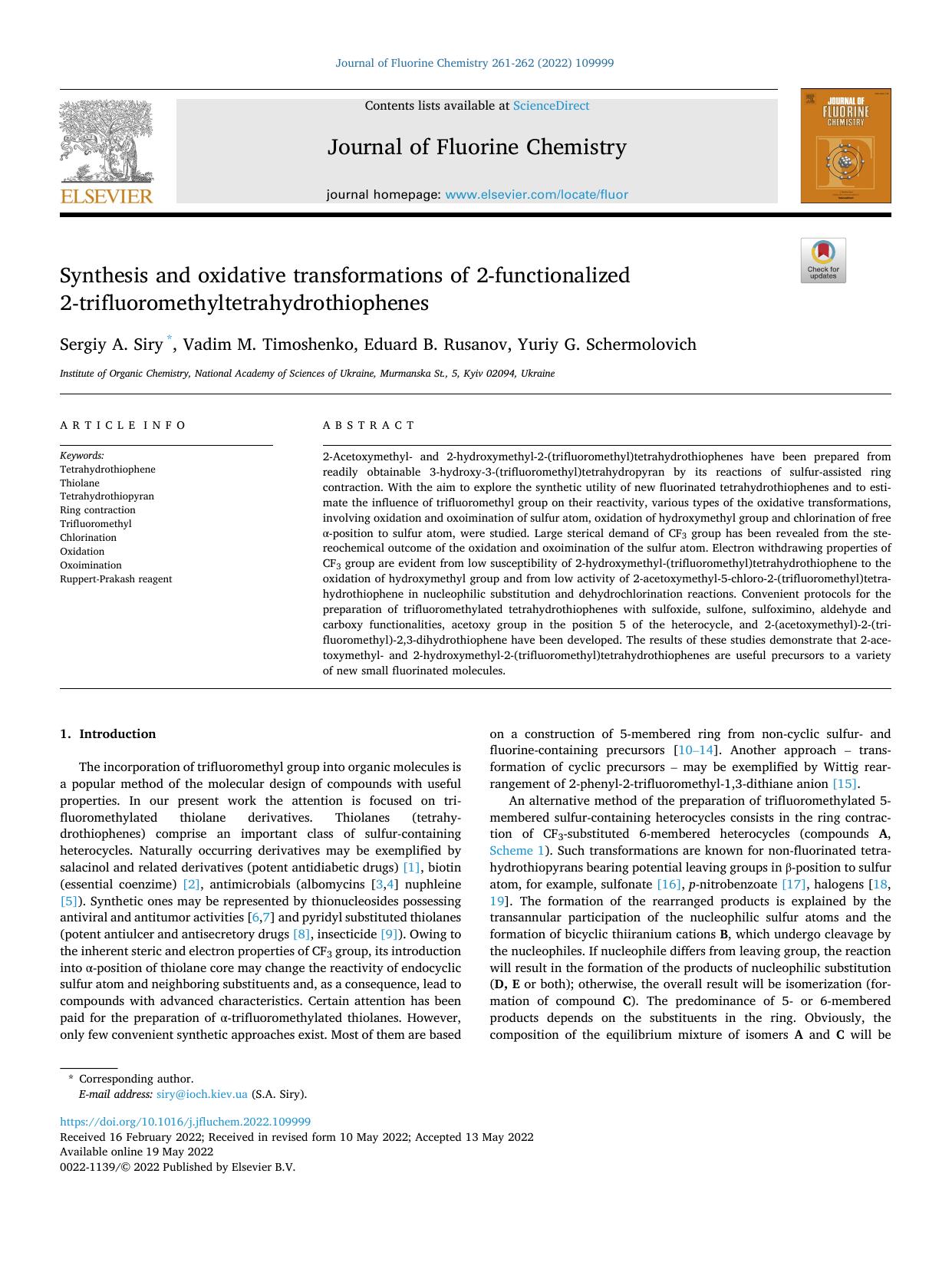 Synthesis and oxidative transformations of 2-functionalized 2-trifluoromethyltetrahydrothiophenes by Sergiy A. Siry & Vadim M. Timoshenko & Eduard B. Rusanov & Yuriy G. Schermolovich