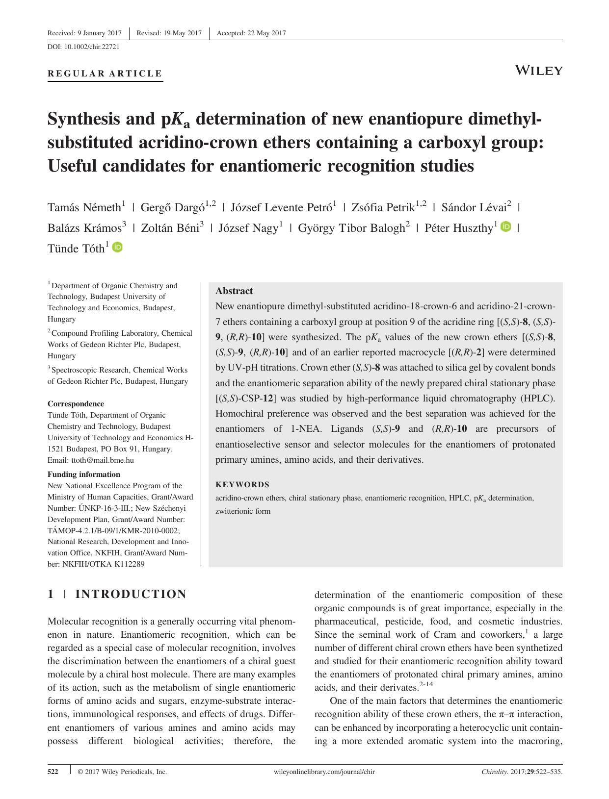 Synthesis and pKa determination of new enantiopure dimethylâsubstituted acridinoâcrown ethers containing a carboxyl group: Useful candidates for enantiomeric recognition studies by unknow