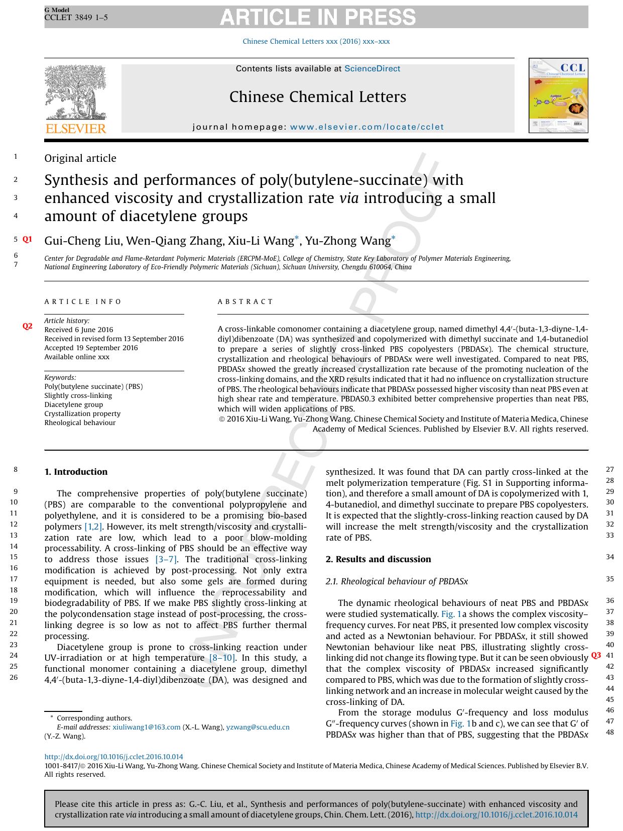 Synthesis and performances of poly(butylene-succinate) with enhanced viscosity and crystallization rate via introducing a small amount of diacetylene groups by Gui-Cheng Liu & Wen-Qiang Zhang & Xiu-Li Wang & Yu-Zhong Wang
