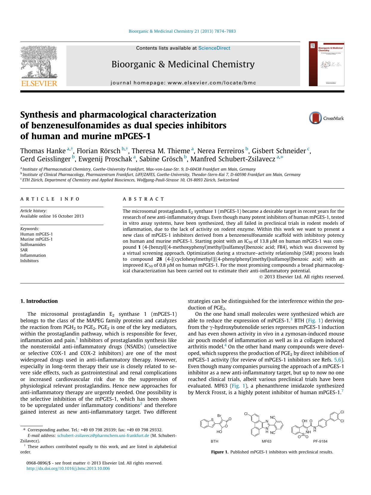 Synthesis and pharmacological characterization of benzenesulfonamides as dual species inhibitors of human and murine mPGES-1 by unknow