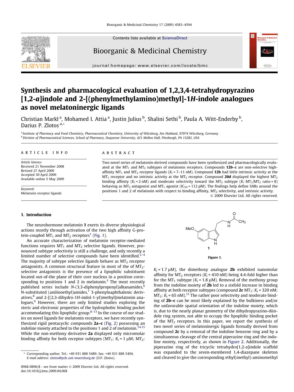 Synthesis and pharmacological evaluation of 1,2,3,4-tetrahydropyrazino[1,2-a]indole and 2-[(phenylmethylamino)methyl]-1H-indole analogues as novel melatoninergic ligands by unknow