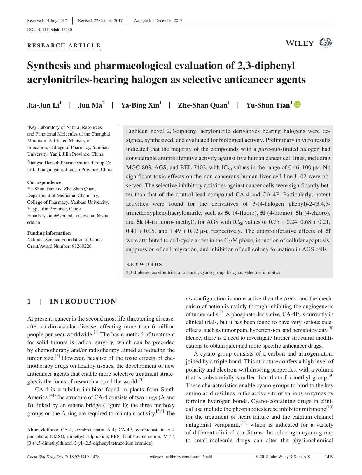 Synthesis and pharmacological evaluation of 2,3‐diphenyl acrylonitriles‐bearing halogen as selective anticancer agents by unknow