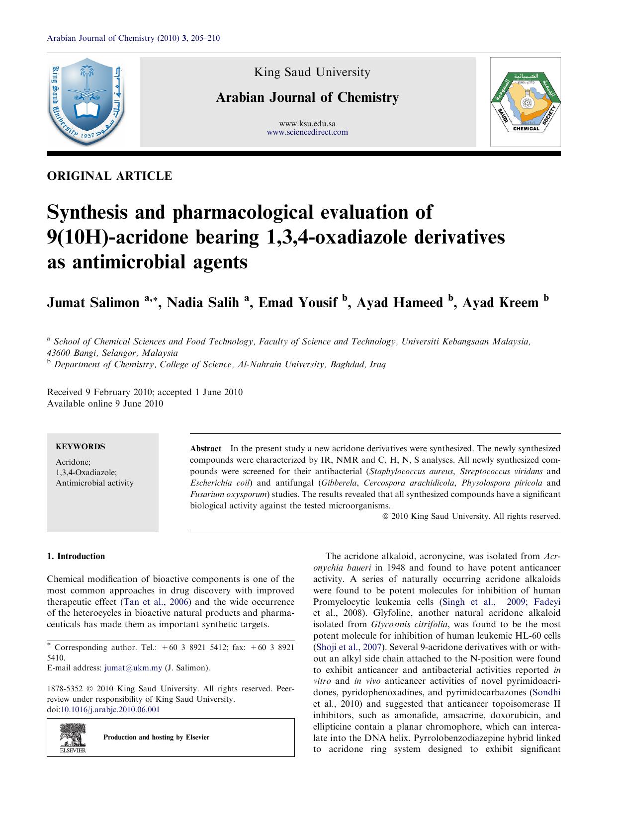 Synthesis and pharmacological evaluation of 9(10H)-acridone bearing 1,3,4-oxadiazole derivatives as antimicrobial agents by Jumat Salimon & Nadia Salih & Emad Yousif & Ayad Hameed & Ayad Kreem