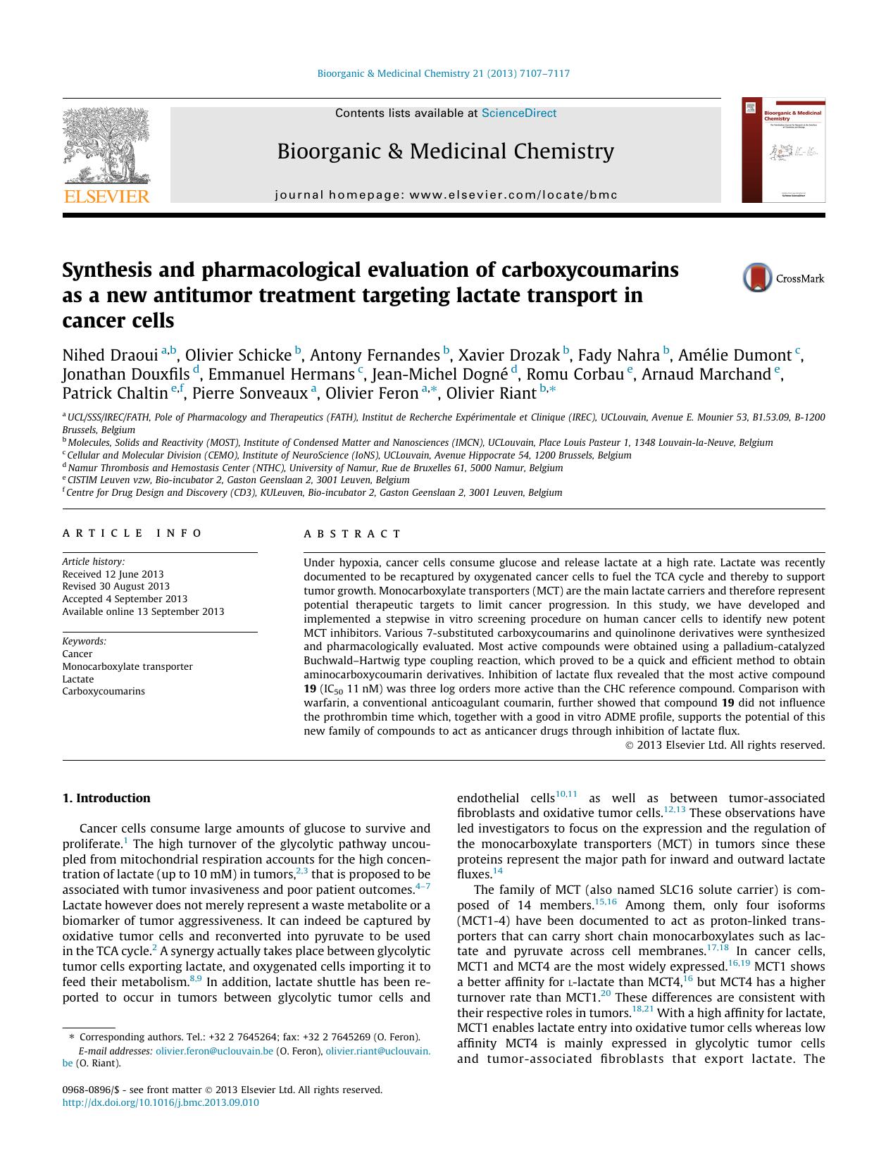 Synthesis and pharmacological evaluation of carboxycoumarins as a new antitumor treatment targeting lactate transport in cancer cells by unknow