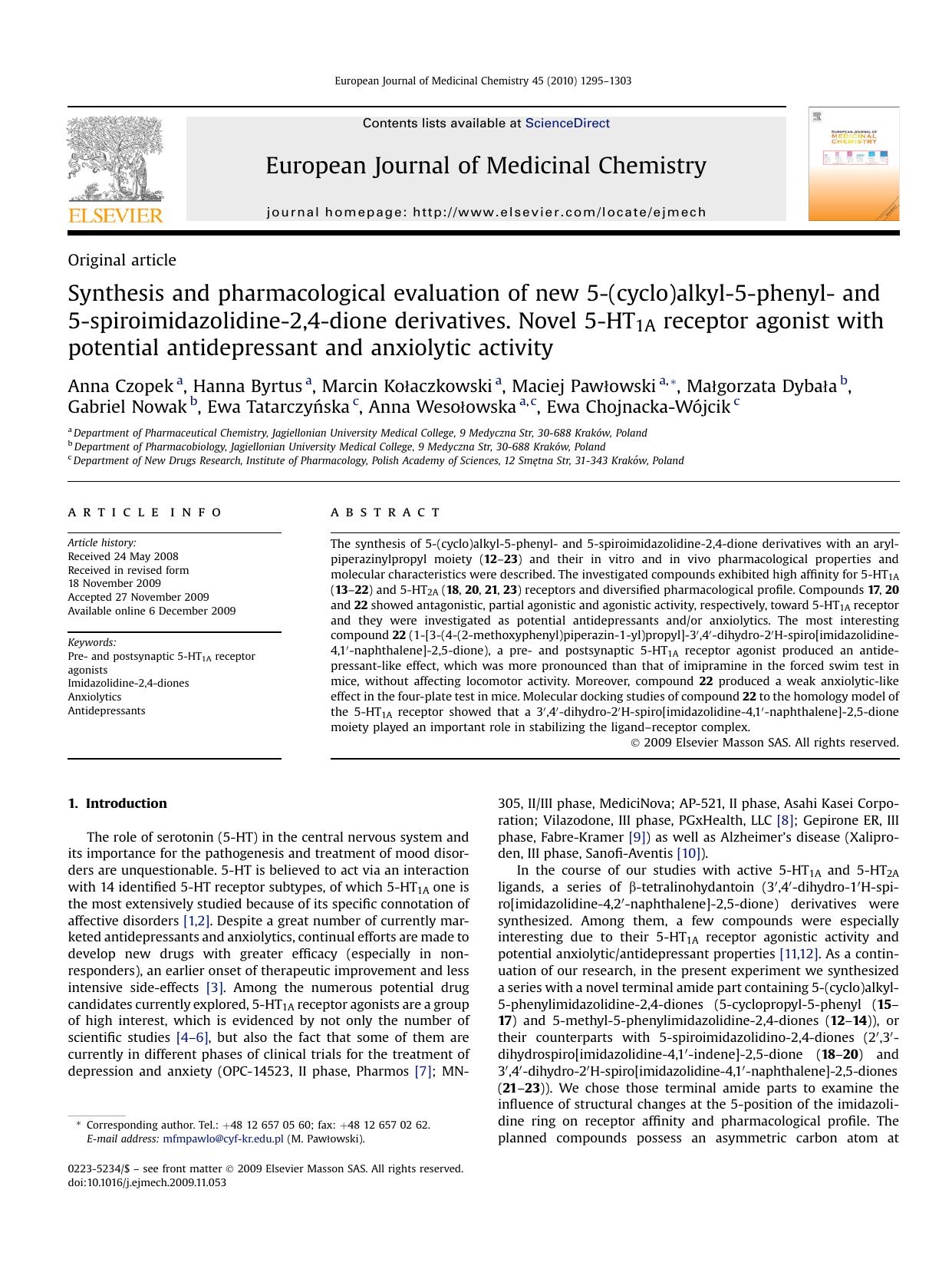 Synthesis and pharmacological evaluation of new 5-(cyclo)alkyl-5-phenyl- and 5-spiroimidazolidine-2,4-dione derivatives. Novel 5-HT1A receptor agonist with potential antidepressant by unknow