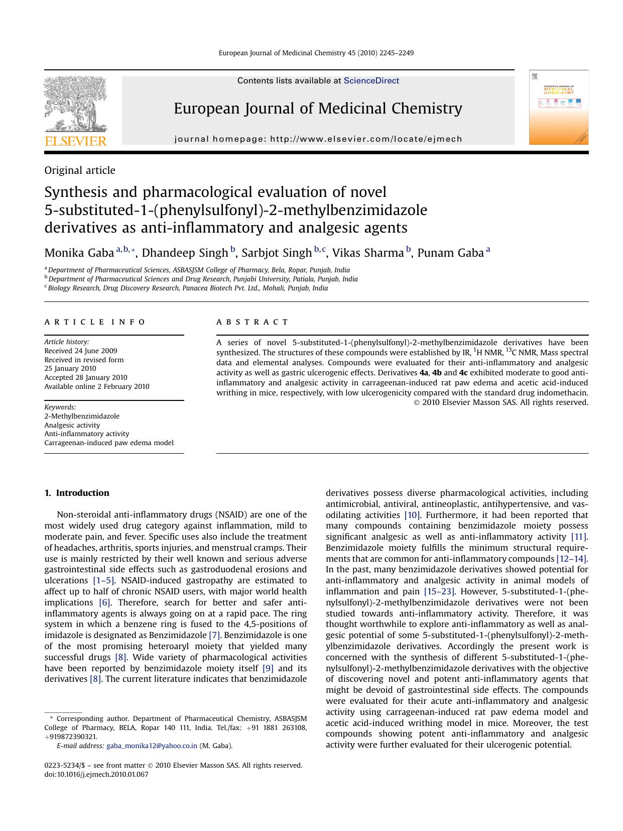 Synthesis and pharmacological evaluation of novel 5-substituted-1-(phenylsulfonyl)-2-methylbenzimidazole derivatives as anti-inflammatory and analgesic agents by Monika Gaba; Dhandeep Singh; Sarbjot Singh; Vikas Sharma; Punam Gaba