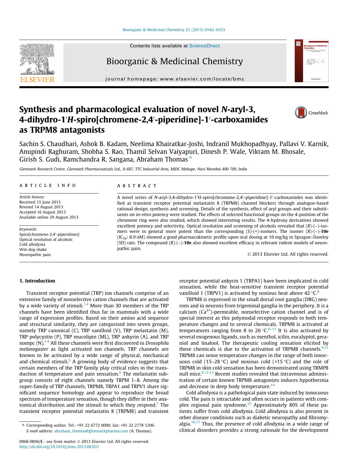 Synthesis and pharmacological evaluation of novel N-aryl-3,4-dihydro-1â²H-spiro[chromene-2,4â²-piperidine]-1â²-carboxamides as TRPM8 antagonists by unknow