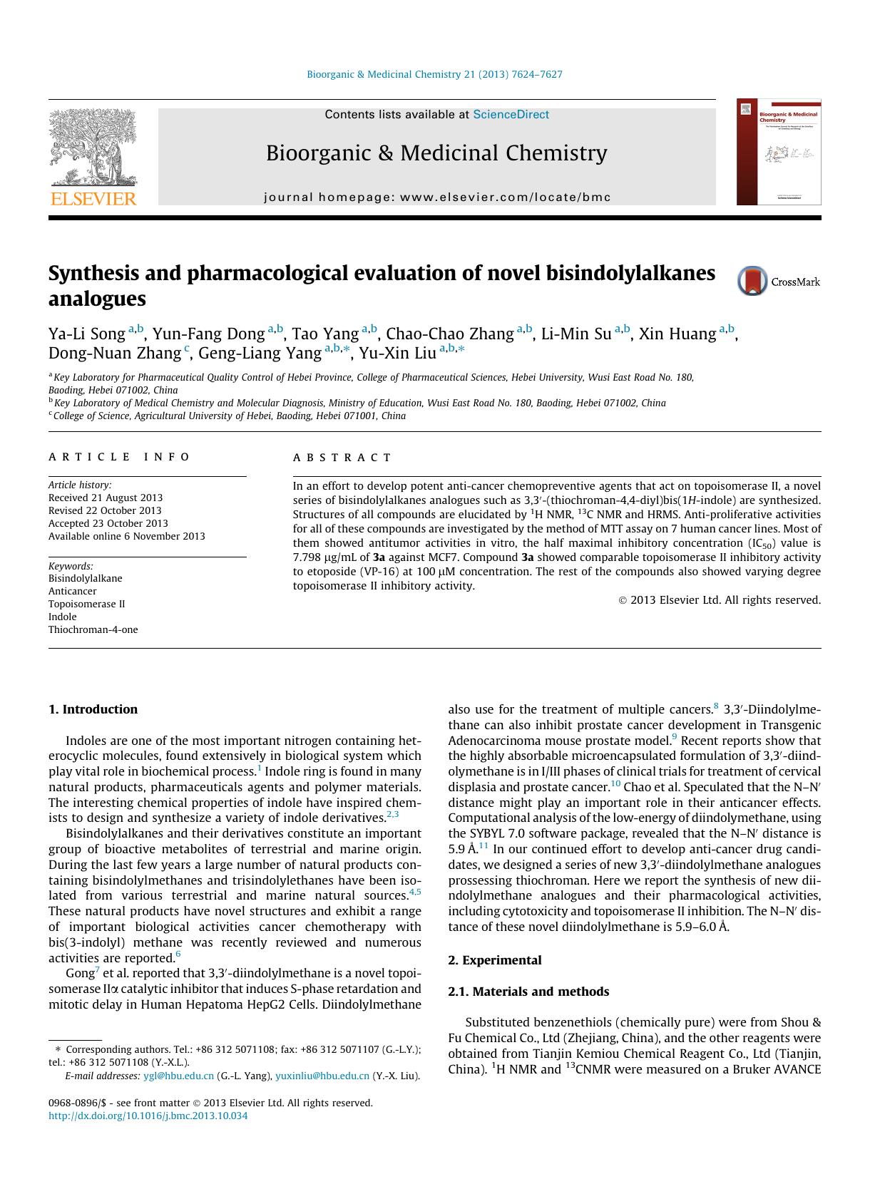 Synthesis and pharmacological evaluation of novel bisindolylalkanes analogues by unknow