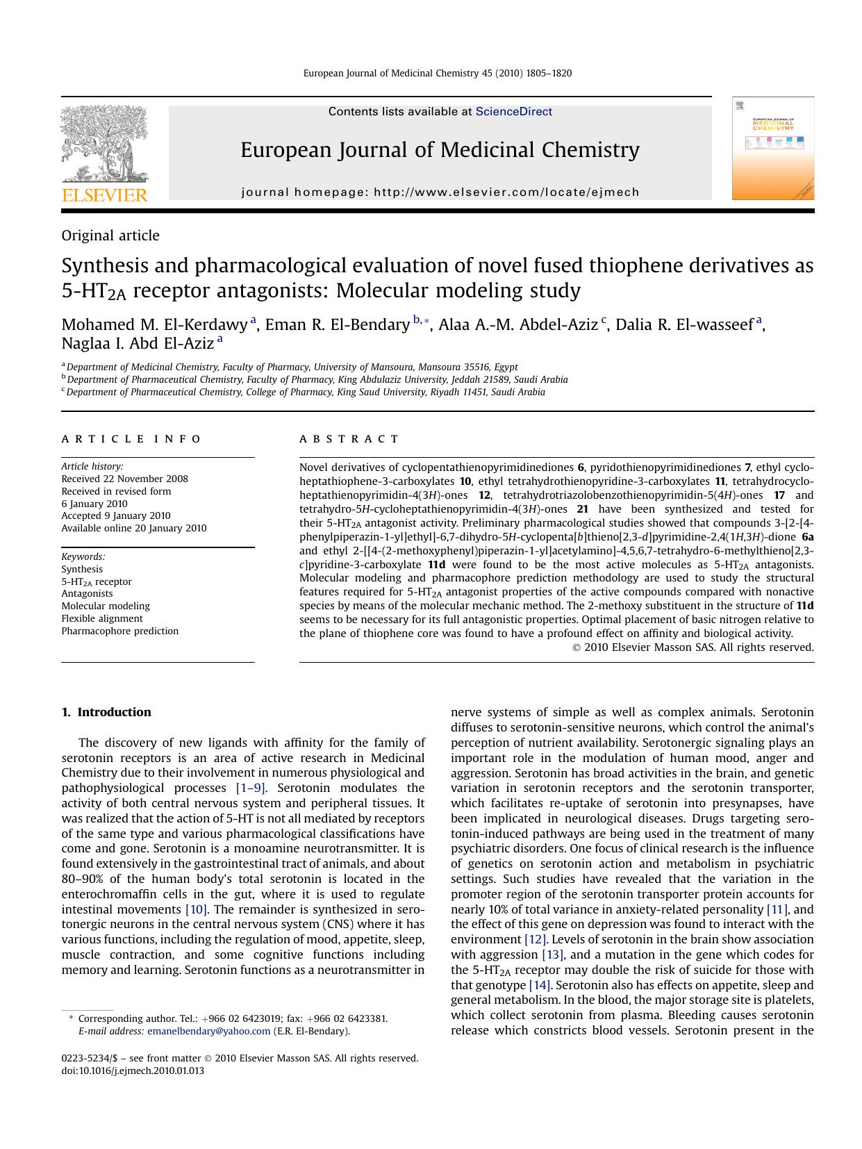 Synthesis and pharmacological evaluation of novel fused thiophene derivatives as 5-HT2A receptor antagonists: Molecular modeling study by unknow